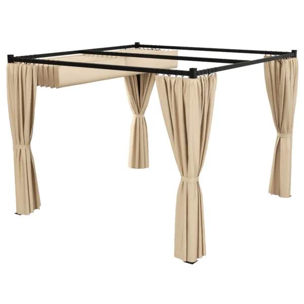 Garden Pergola with Retractable Roof and Curtains, Metal and Polyester, 300x300x227 cm, Beige