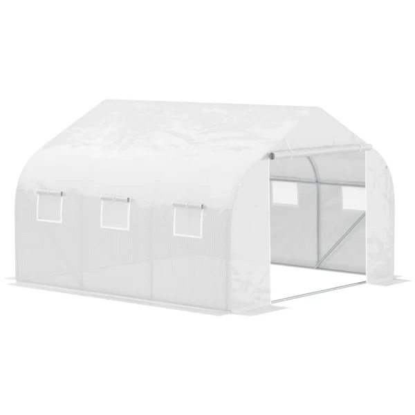 4.5x3m Polytunnel Greenhouse with 6 Windows and Roll-Up Door, PE Garden Tunnel Greenhouse with Metal Tubes, for Plants and Fruit, White