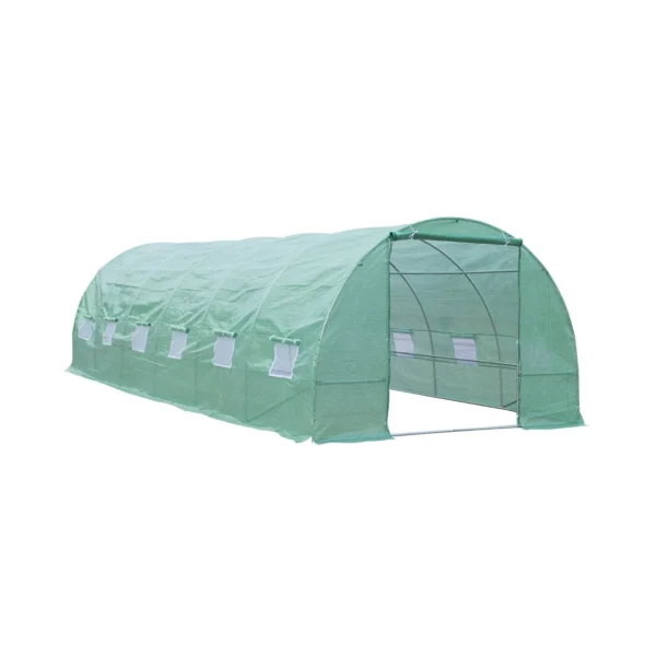 Garden Greenhouse with Roll-Up Door and 12 Windows in Steel and PE, 8×3×2m, Green