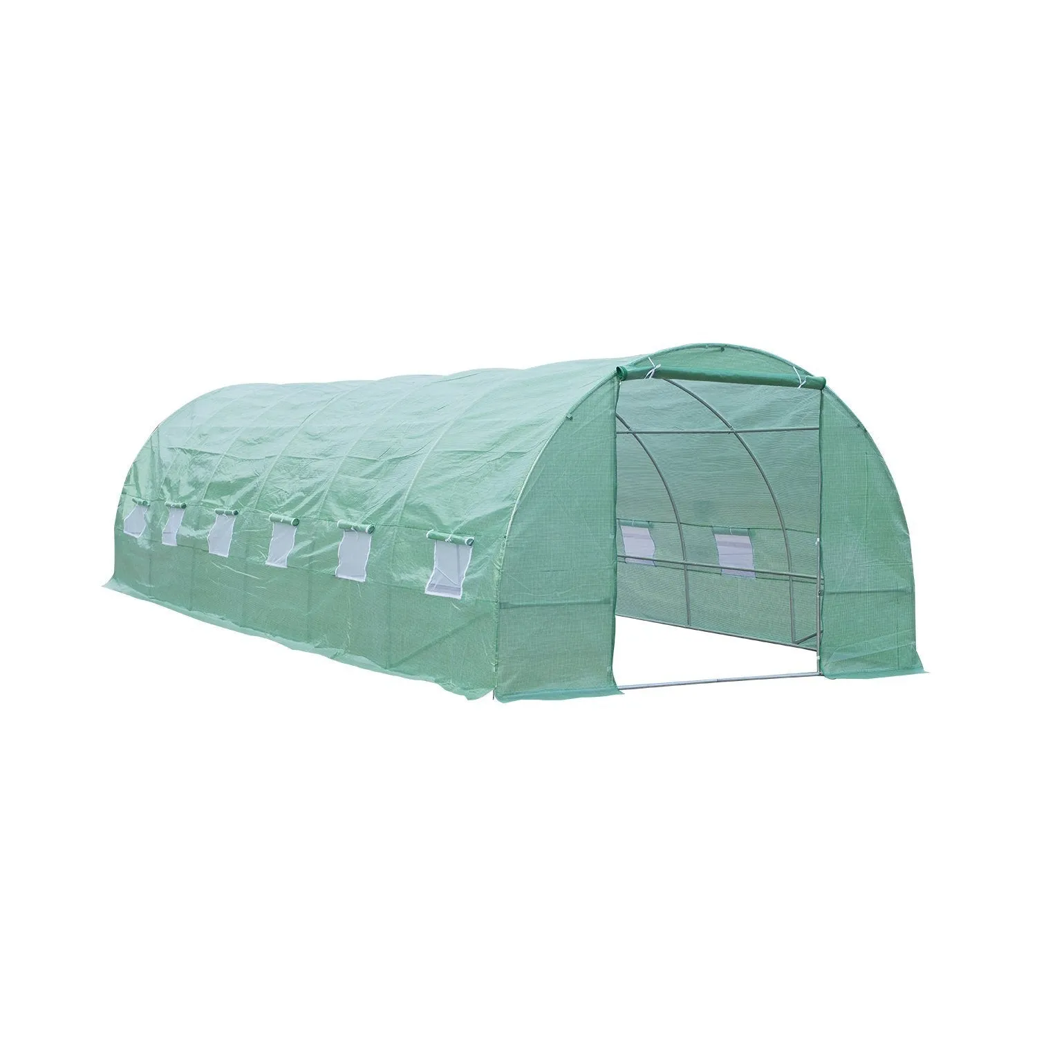 Garden Greenhouse with Roll-Up Door and 12 Windows in Steel and PE, 8×3×2m, Green