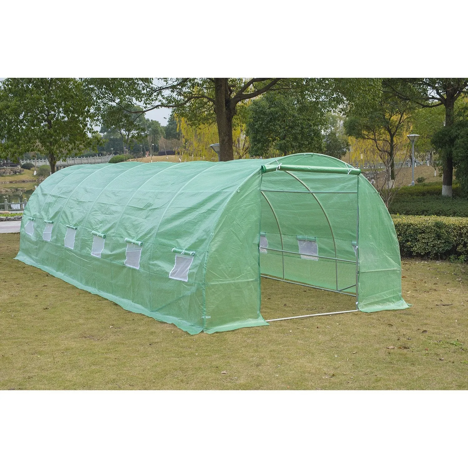 Garden Greenhouse with Roll-Up Door and 12 Windows in Steel and PE, 8×3×2m, Green - Image 2