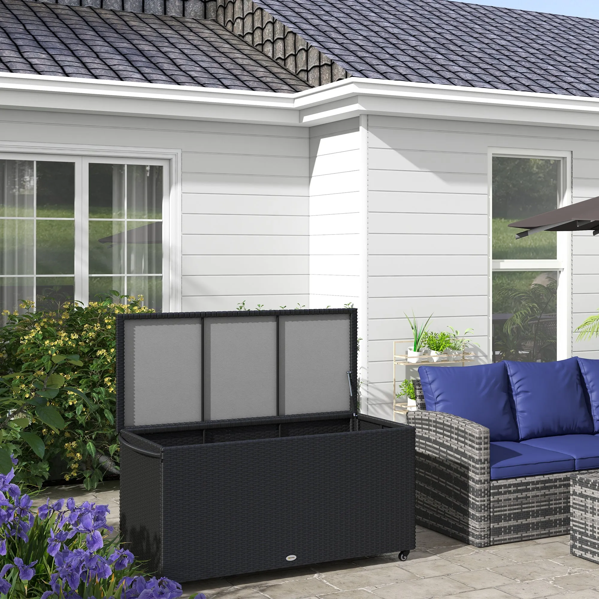 PE Rattan Garden Storage Chest with Wheels and Side Handle, 121x57x67cm, Black - Image 2
