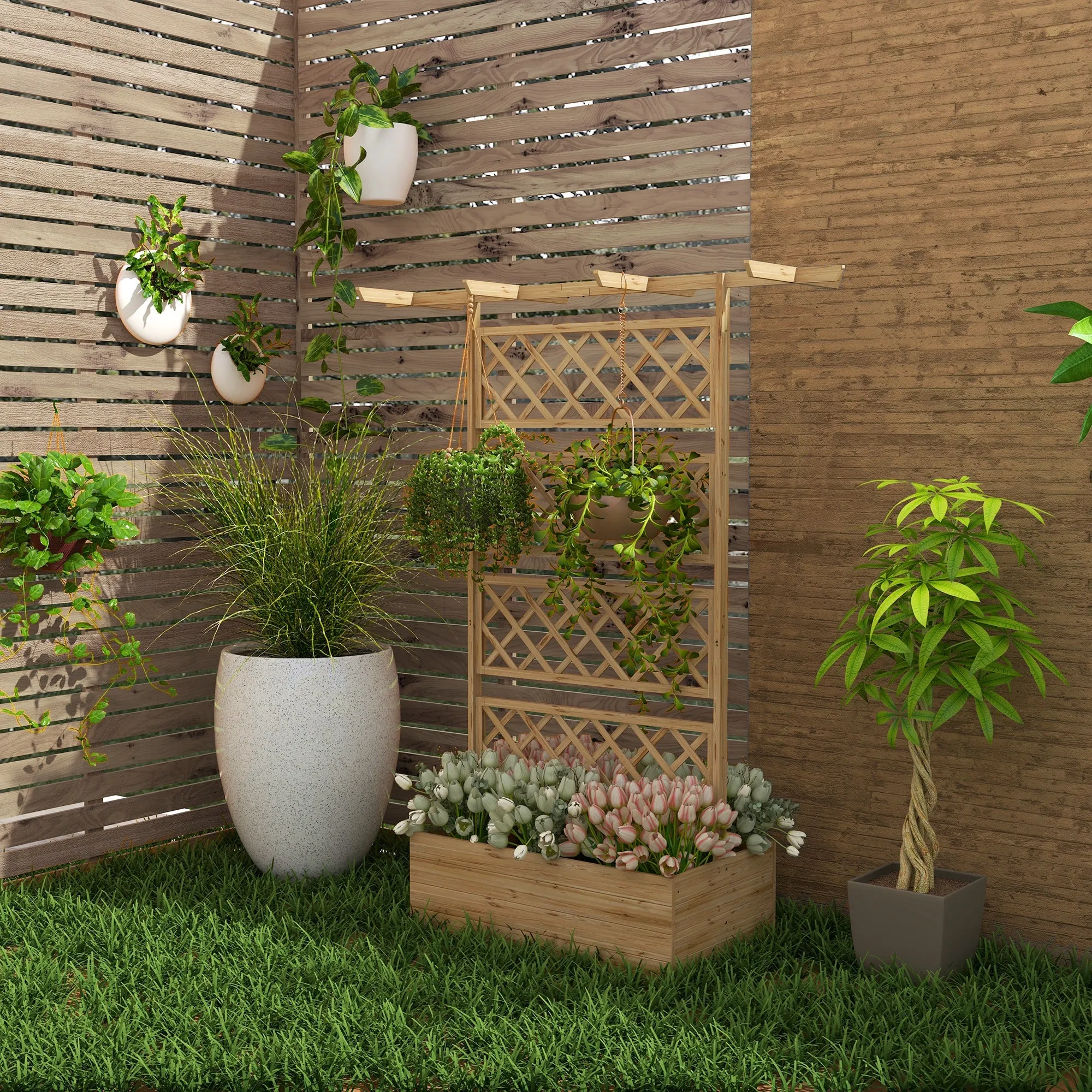 Garden Bed with Trellis and Pergola for Climbing Plants with Open Bottom, 160x55x183cm, Natural Wood - Image 3