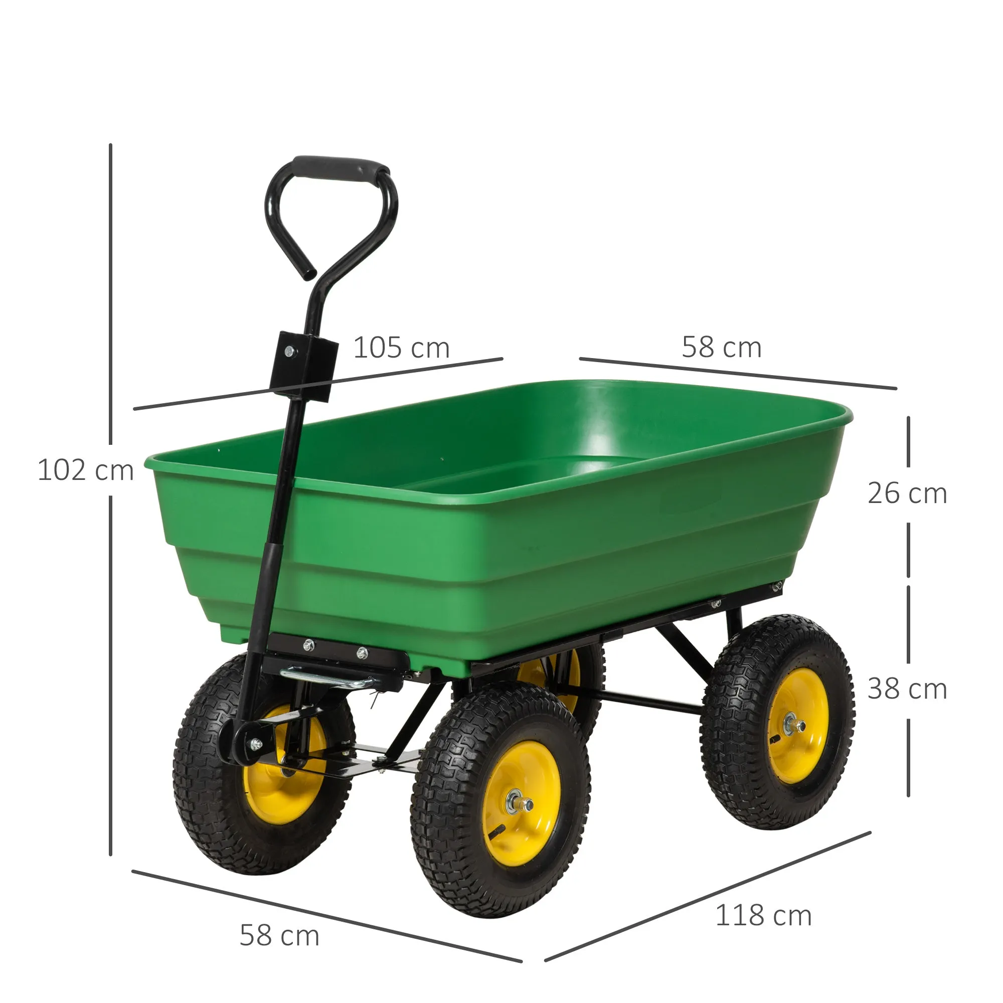 125L Steel and PP Garden Cart with Tipping Tray and Handle, 118x58x102 cm, Green - Image 3