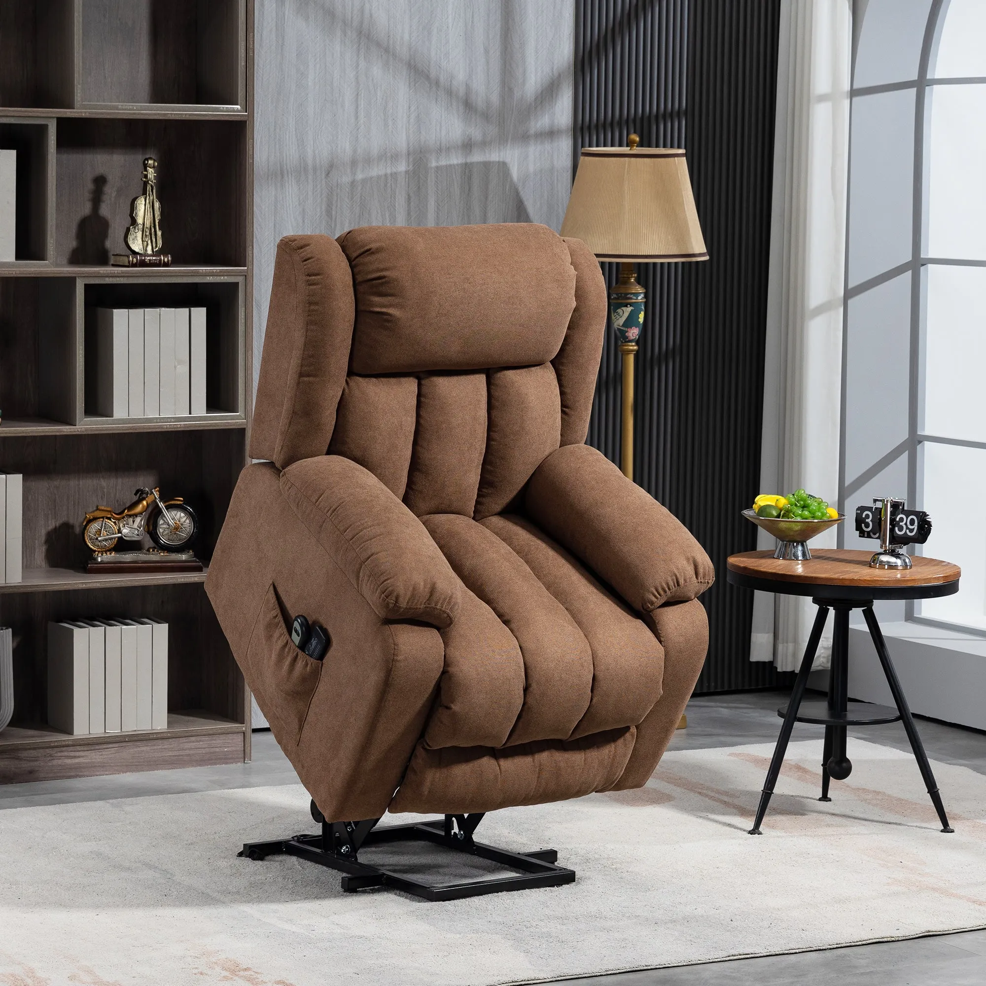 Lift Relax Chair with Remote Control, Massaging and Reclining in Fabric, Brown - Image 2