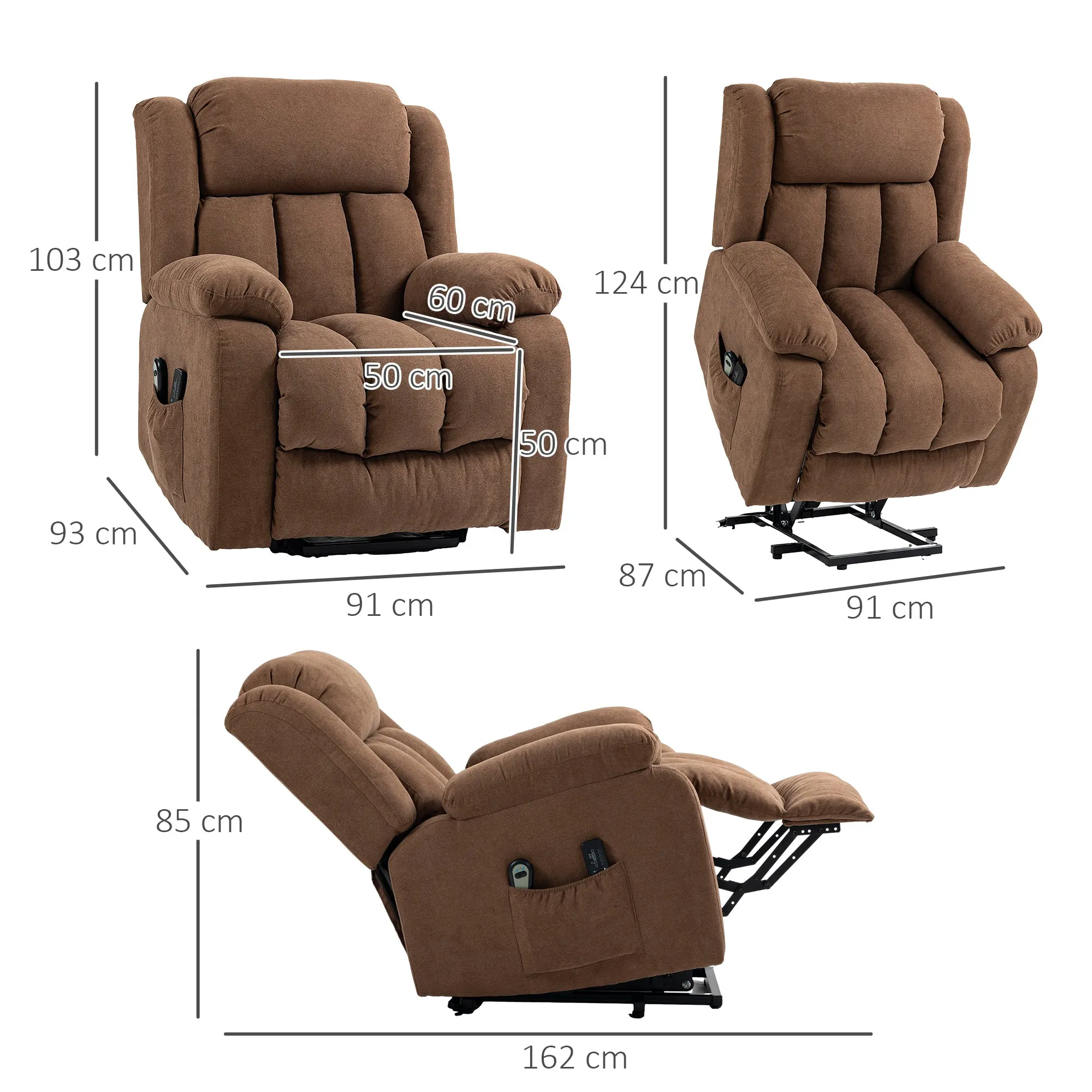 Lift Relax Chair with Remote Control, Massaging and Reclining in Fabric, Brown - Image 3