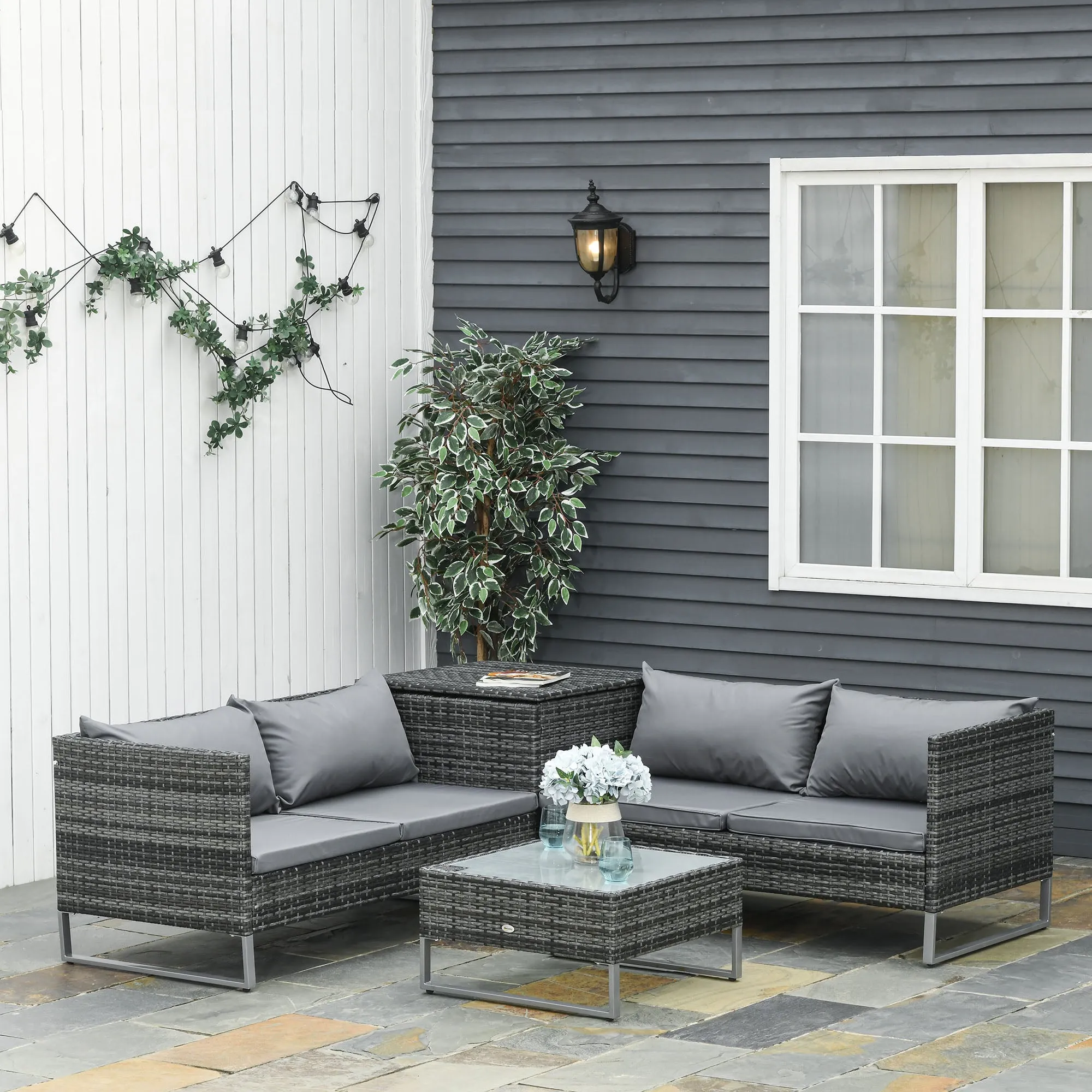 Garden Sofa Set : 4 Piece Garden Set with x2 Double Seater Sofas, Coffee Table and High Table, Steel and Rattan - Image 2