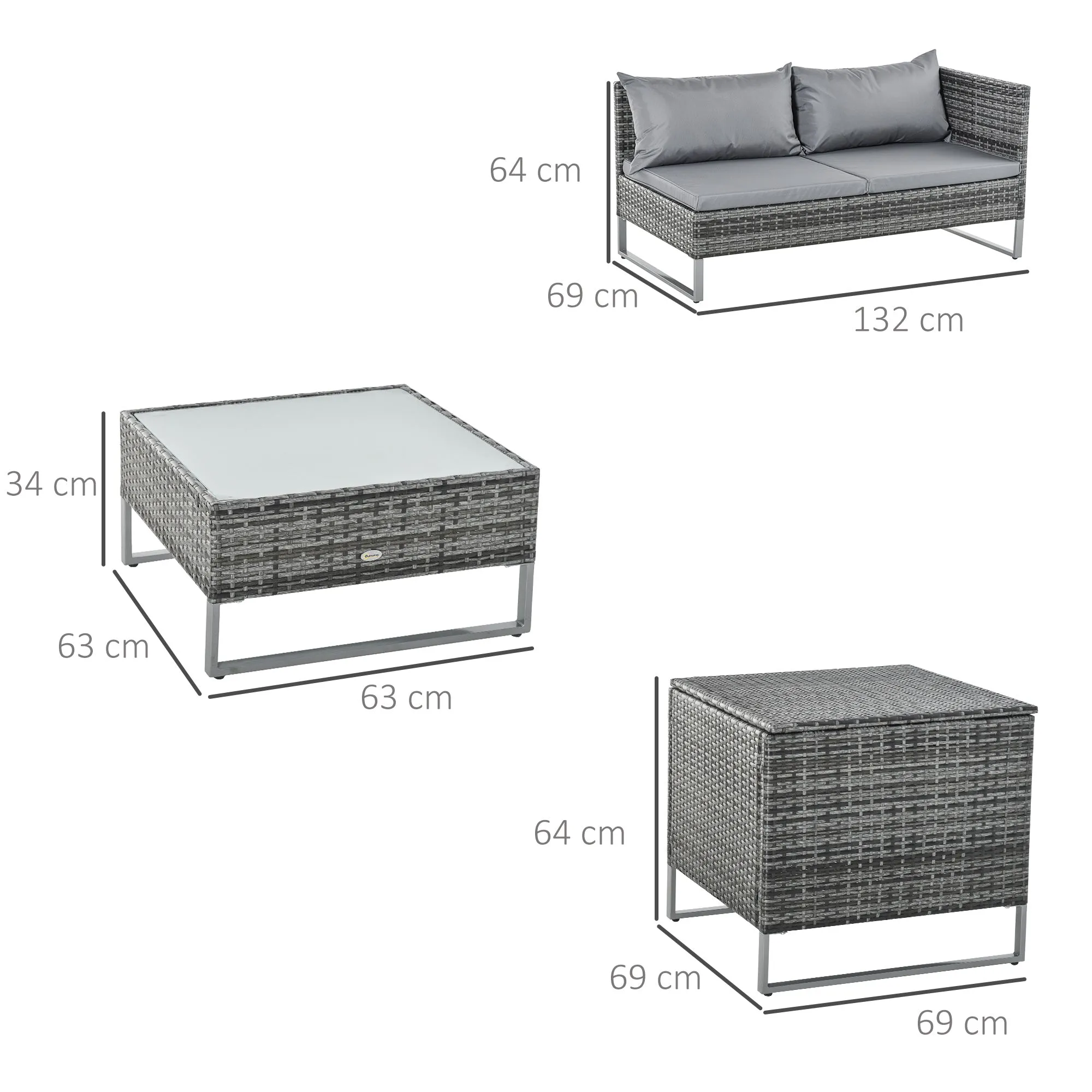 Garden Sofa Set : 4 Piece Garden Set with x2 Double Seater Sofas, Coffee Table and High Table, Steel and Rattan - Image 3