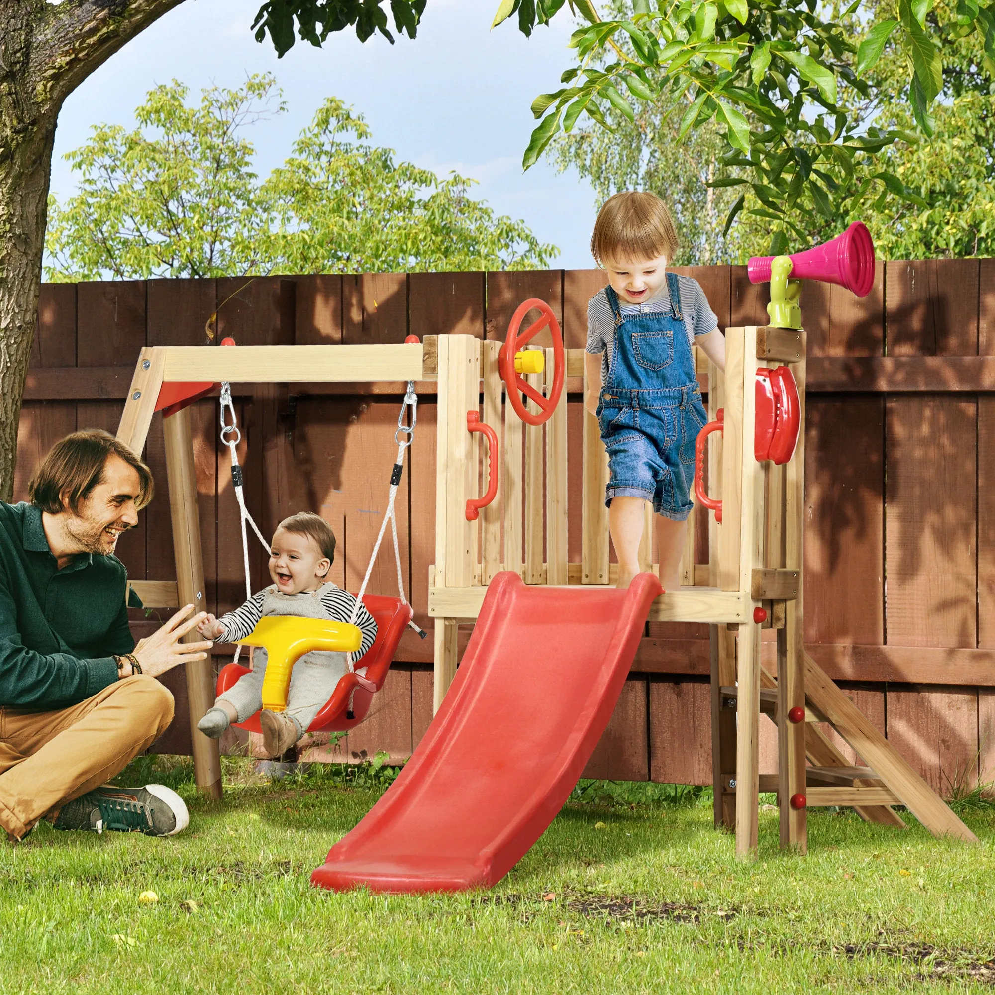 Garden Slide and Swing Set for Children Ages 18-48 Months, Made of Wood and Plastic, Red - Image 2