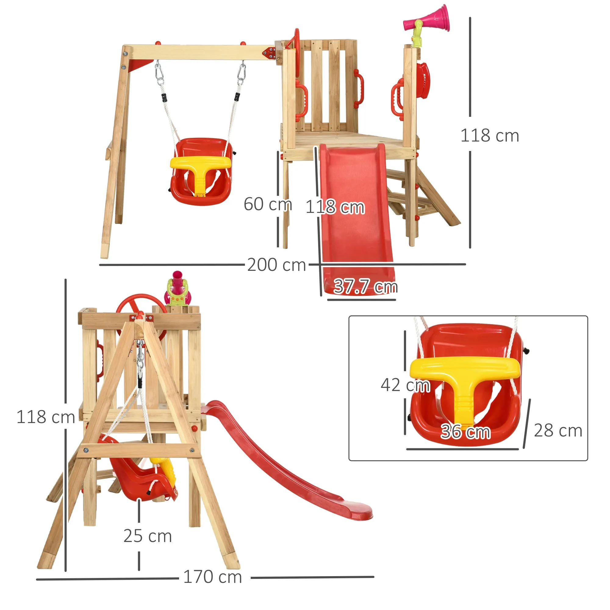 Garden Slide and Swing Set for Children Ages 18-48 Months, Made of Wood and Plastic, Red - Image 3