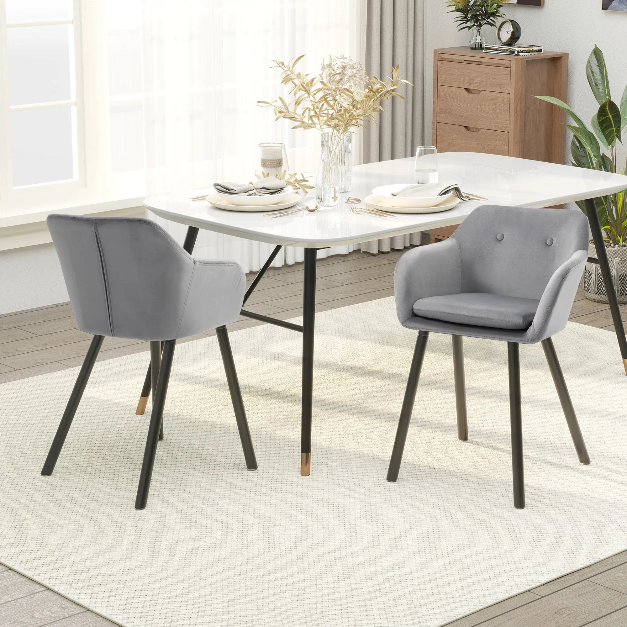 Set of 2 Dining Chairs with Armrests Padded and Velvet, 54x56x74cm, Grey - Image 2
