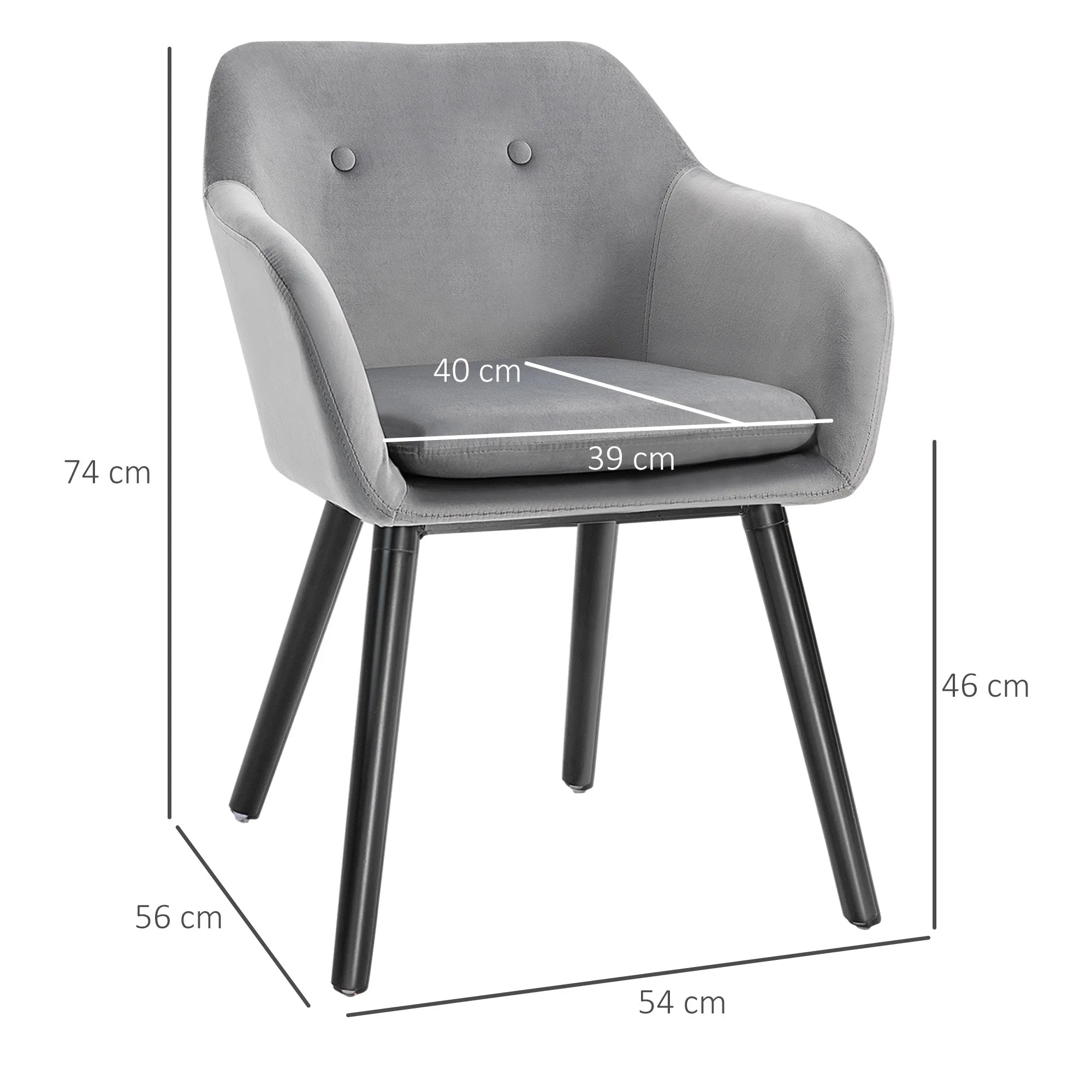 Set of 2 Dining Chairs with Armrests Padded and Velvet, 54x56x74cm, Grey - Image 3