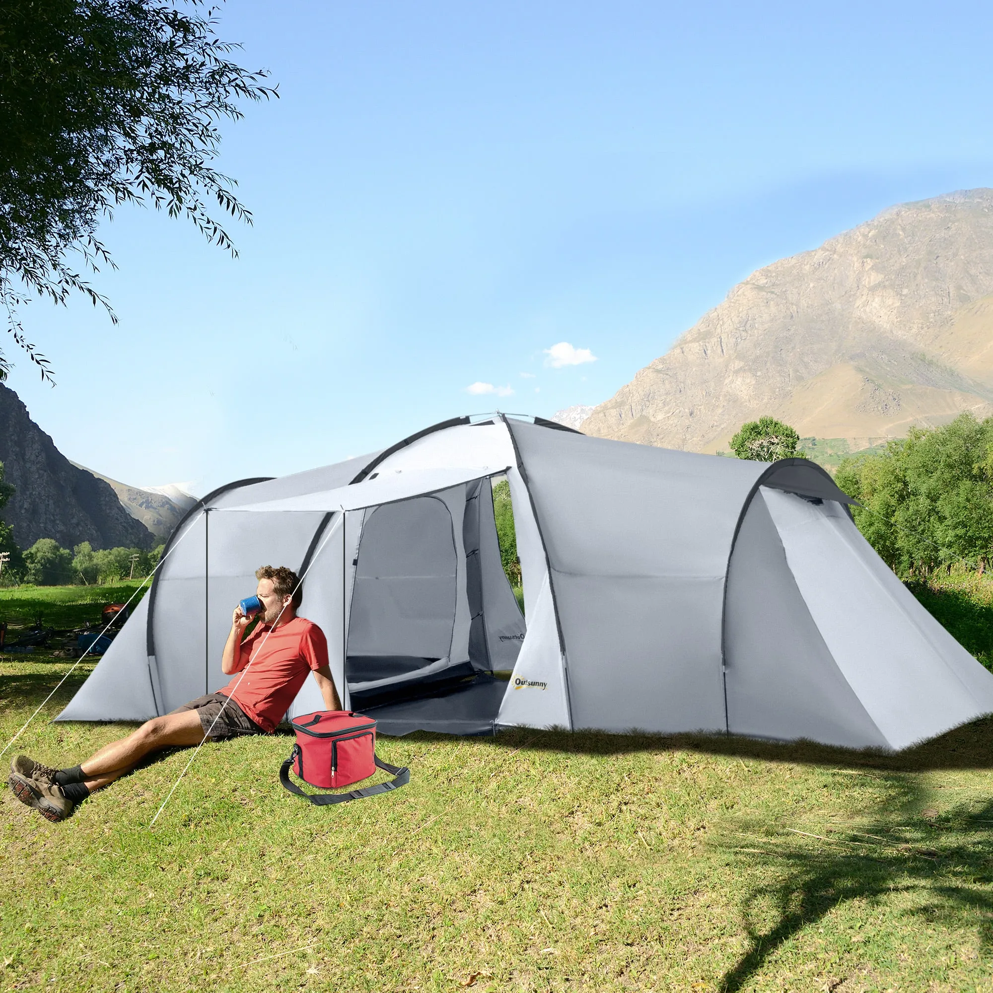 5-Person 2-Bedroom Waterproof Camping Tent with Canopy, 590x245x193 cm, Grey - Image 2