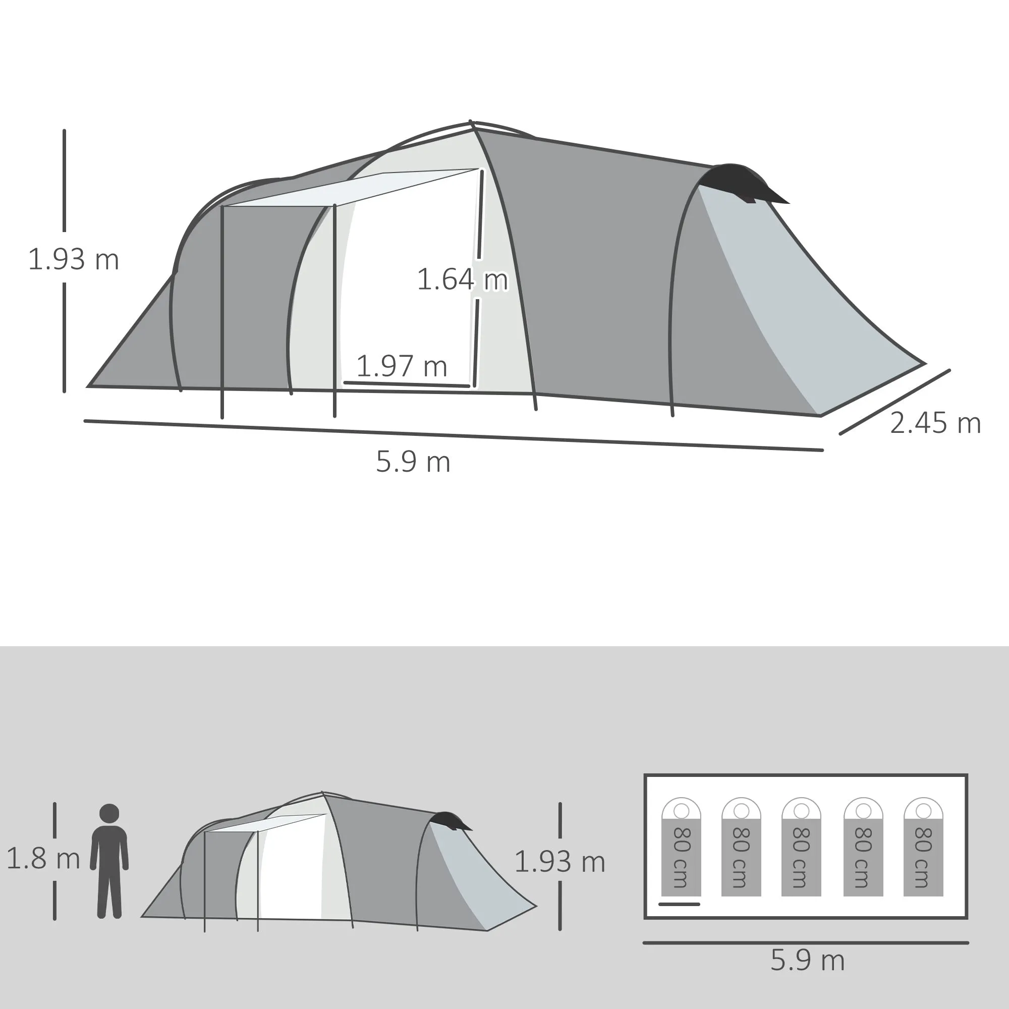5-Person 2-Bedroom Waterproof Camping Tent with Canopy, 590x245x193 cm, Grey - Image 3