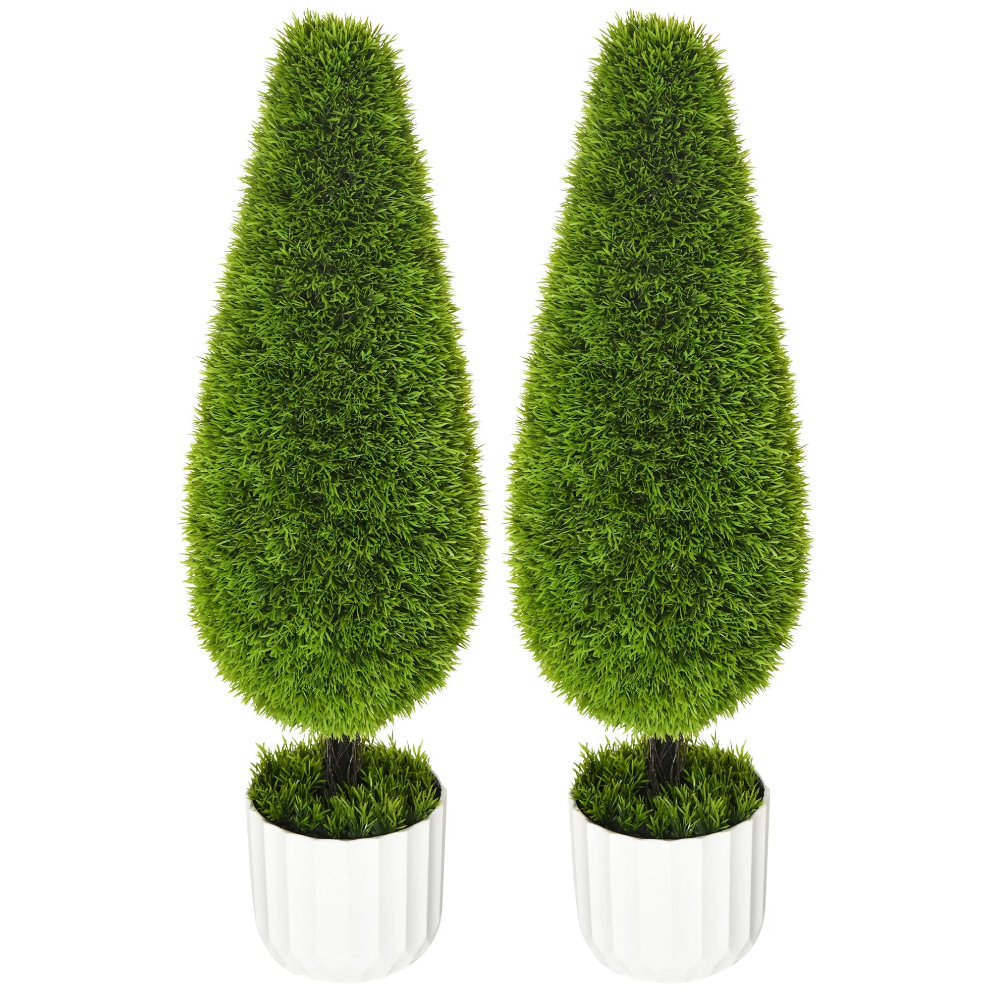 Set of 2 Artificial Cypress Plants with Ø12x16 cm Pots, Moss and Cement, in PE and Plastic, Green and White