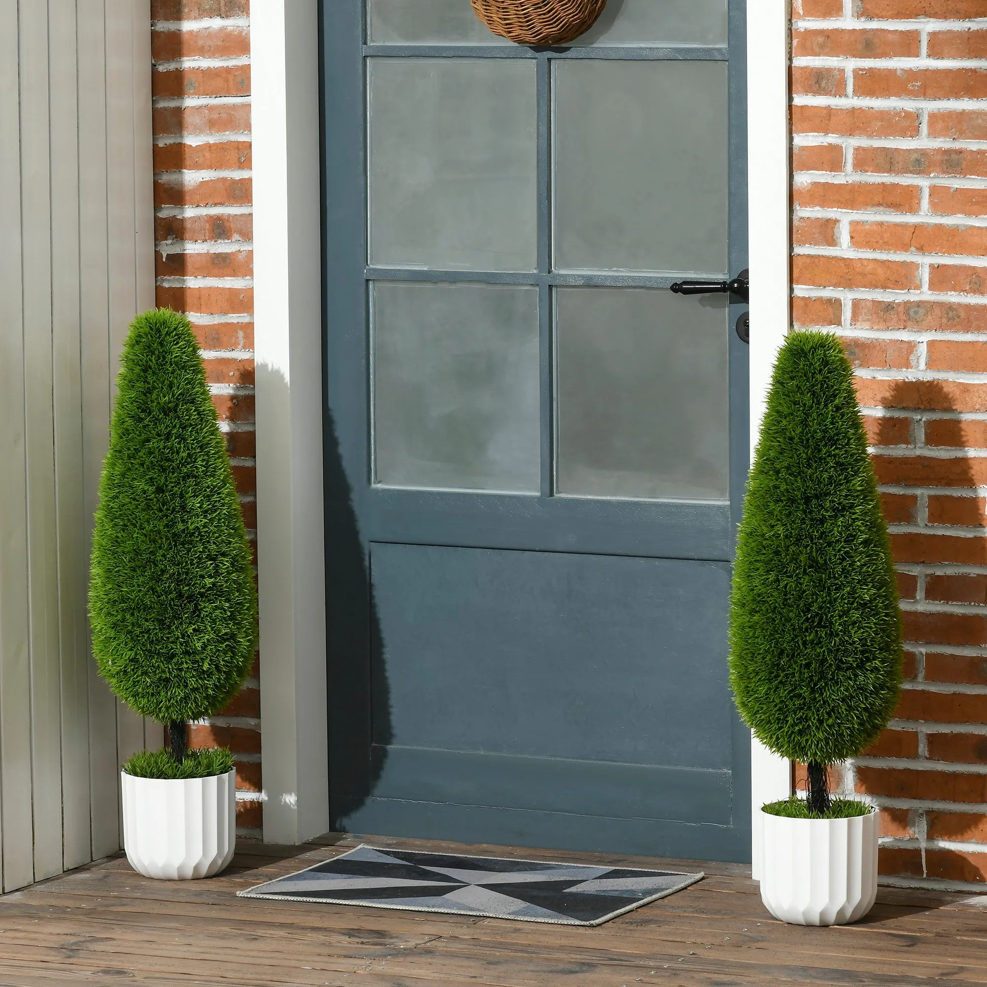 Set of 2 Artificial Cypress Plants with Ø12x16 cm Pots, Moss and Cement, in PE and Plastic, Green and White - Image 2