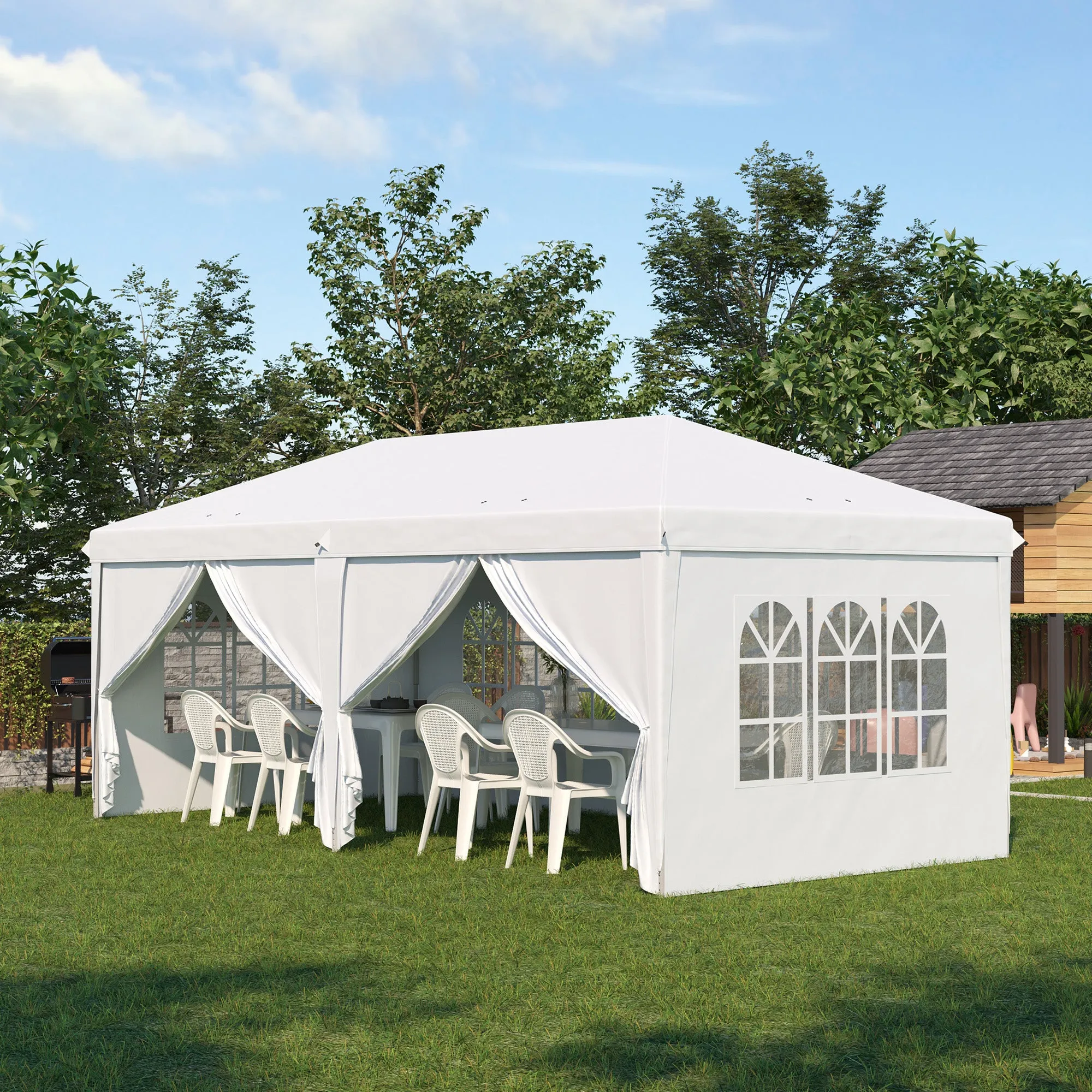 Gazebo 6x3 m Folding Garden Gazebo with 6 Walls in Steel and Oxford Fabric, Ropes and Pegs, White - Image 3