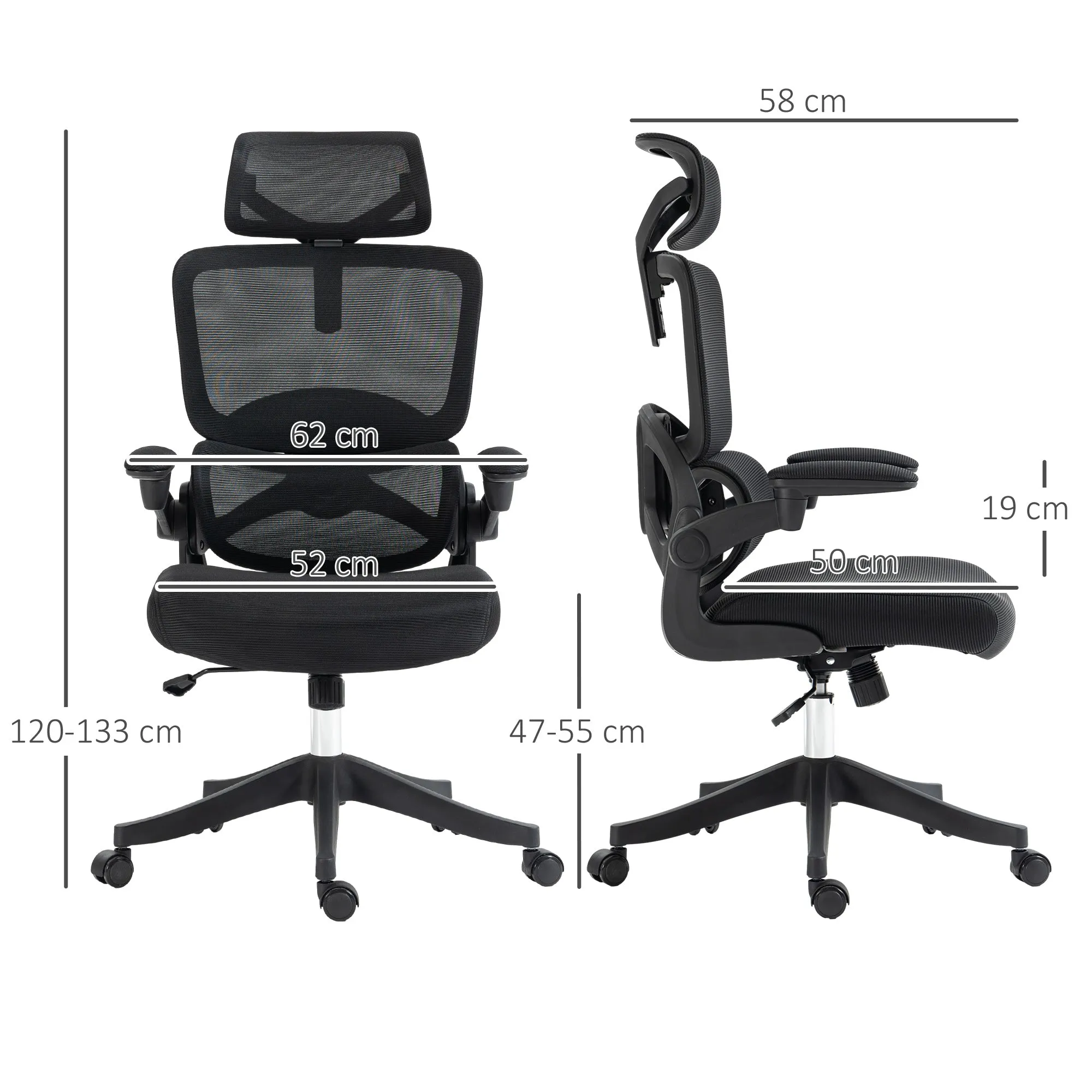 Height Adjustable Office Chair with Tilt and Lumbar Support, 62x58x120-133 cm, Black - Image 3
