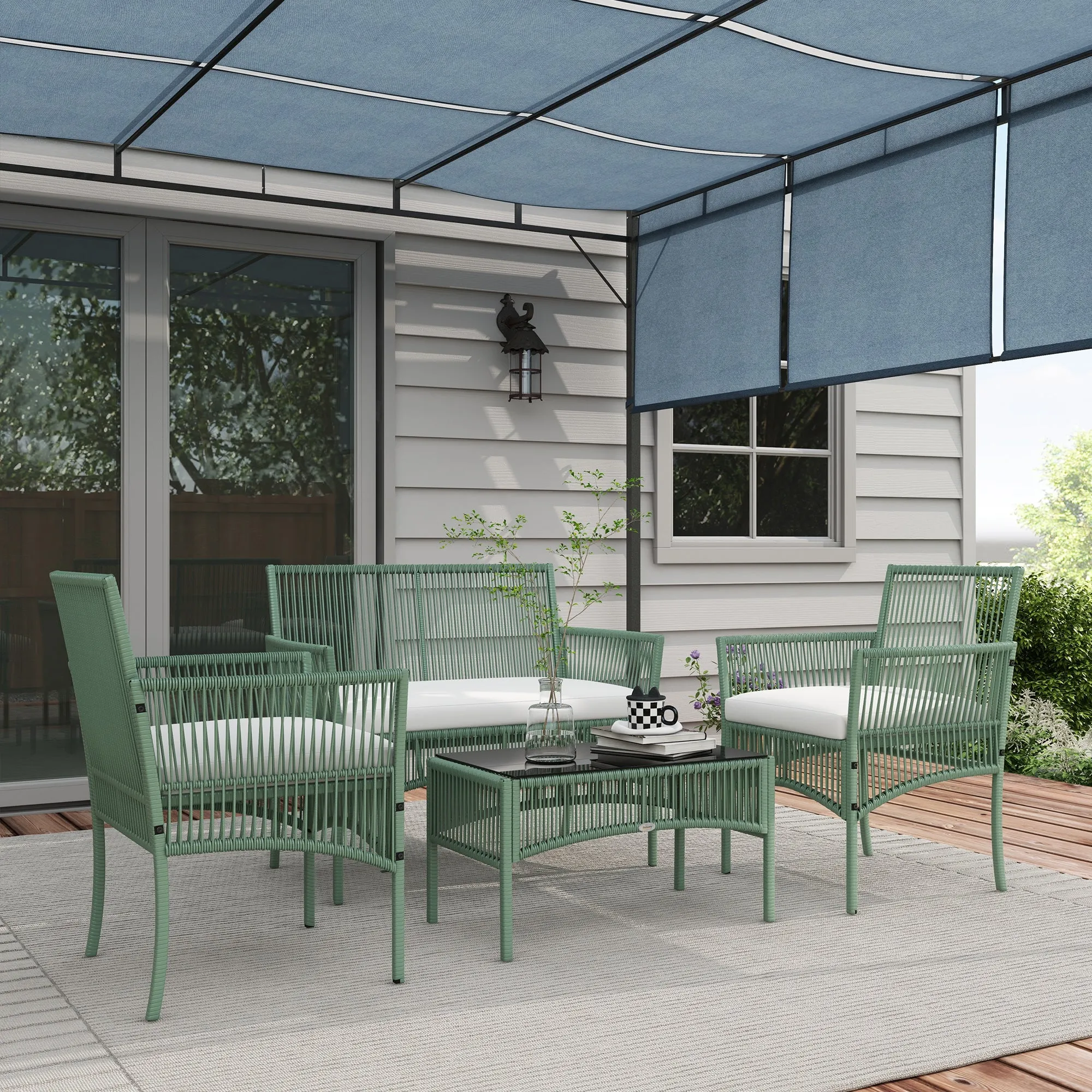 MYSTIKO | 4 Piece Rattan Garden Set with 2 Chairs, Sofa and Coffee Table, Green - Image 2