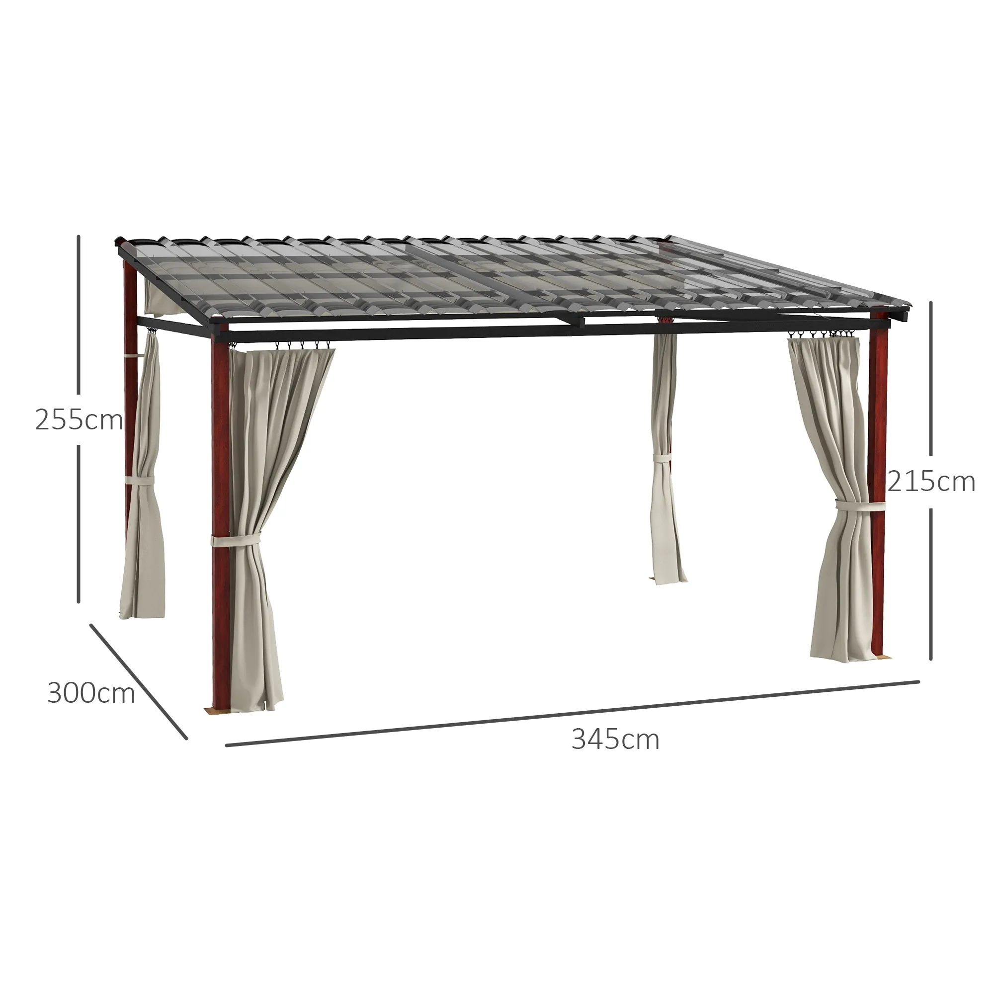 Pergola with Side Awnings and Retractable Roof in PC, in Aluminum and Metal, 345x300x215-255 cm, Cream - Image 3