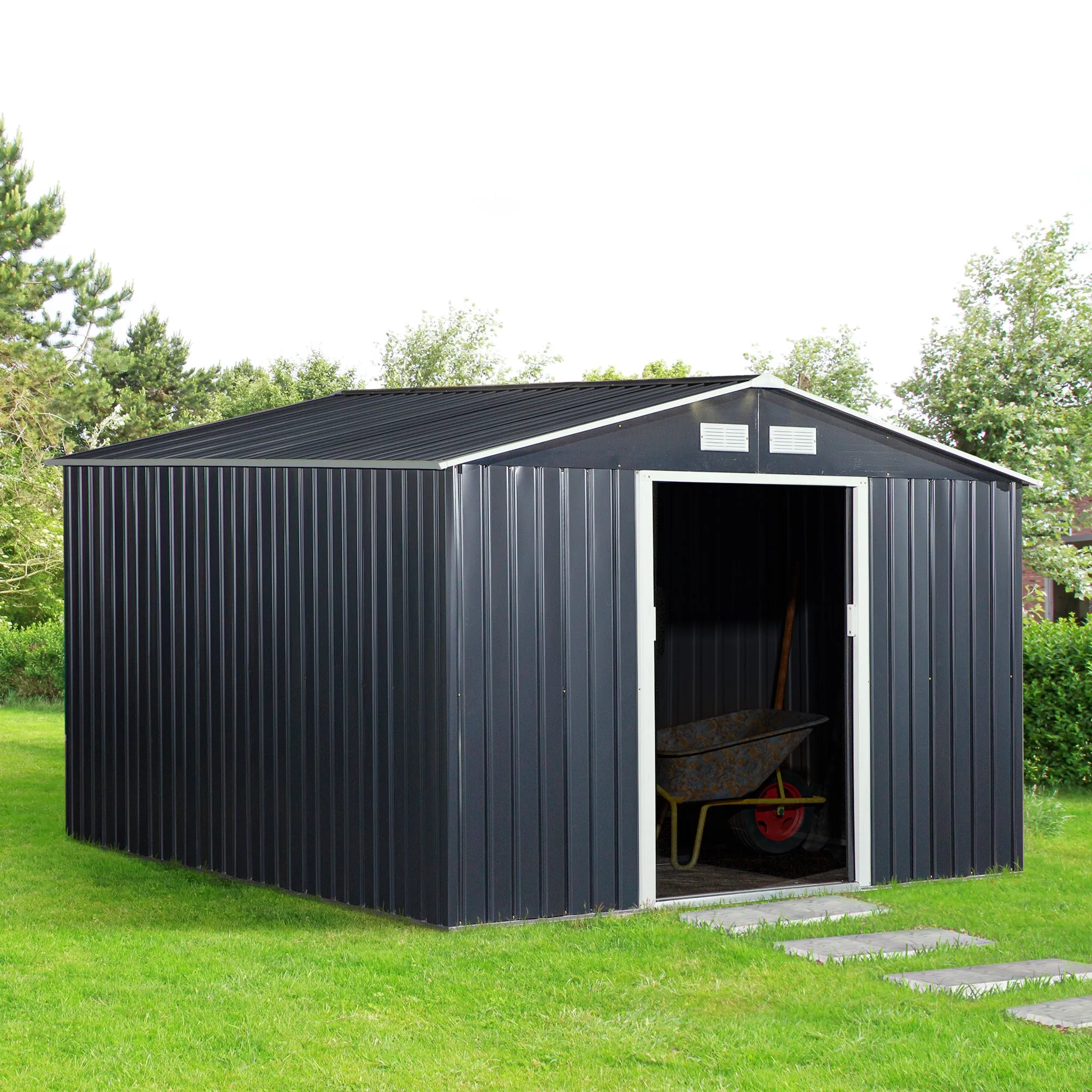 Garden Shed with 2 Sliding Doors and 4 Air Vents, Steel, 322x277x192 cm, Grey - Image 2