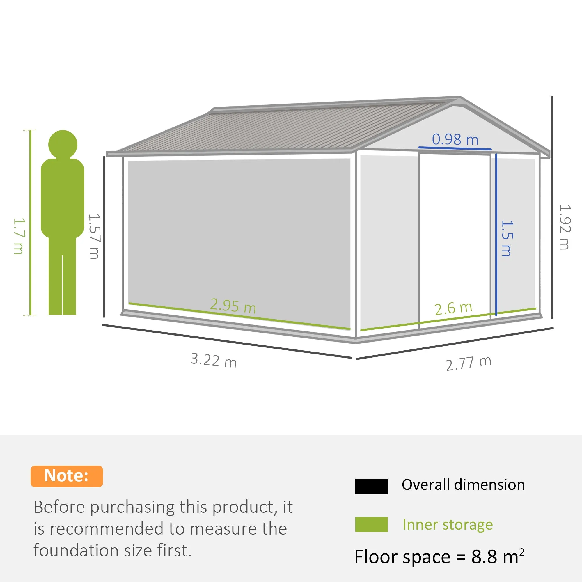 Garden Shed with 2 Sliding Doors and 4 Air Vents, Steel, 322x277x192 cm, Grey - Image 3