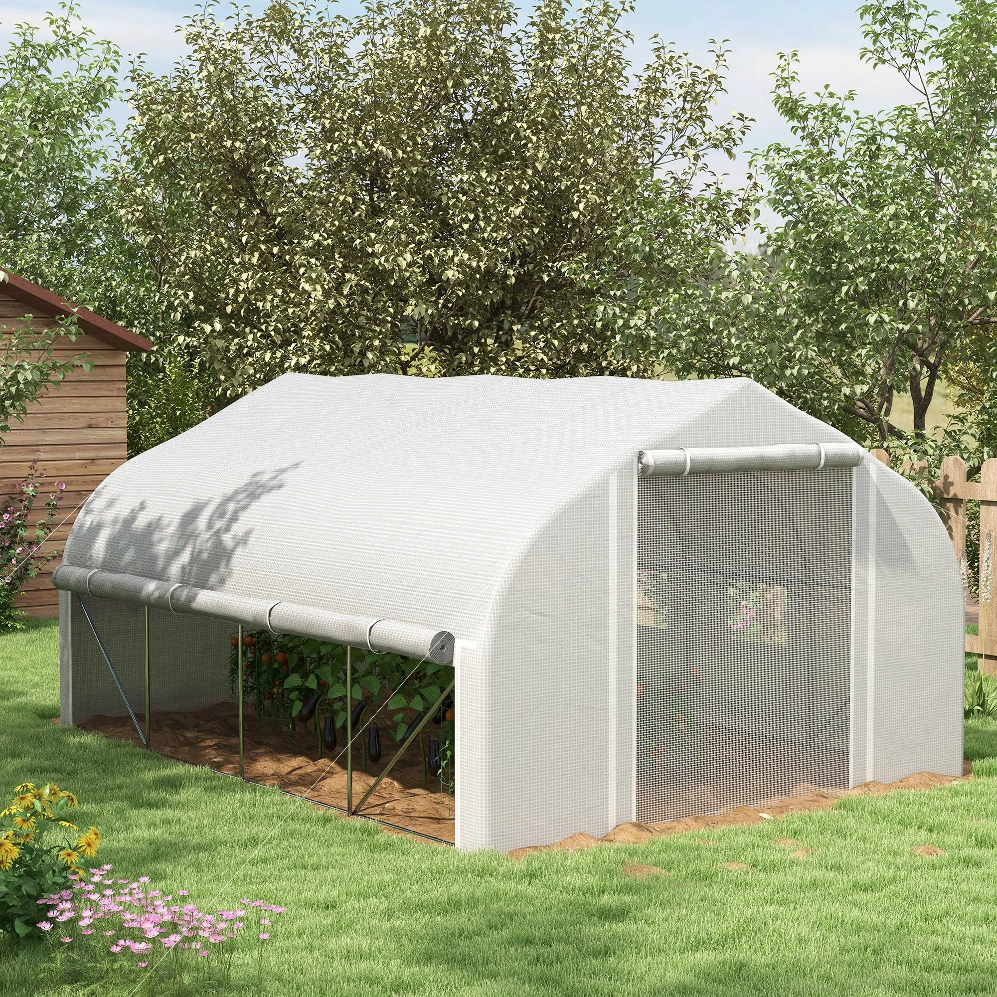 4x3m Tunnel Garden Greenhouse with PE Cover, Door and 8 Roller Windows, White - Image 2