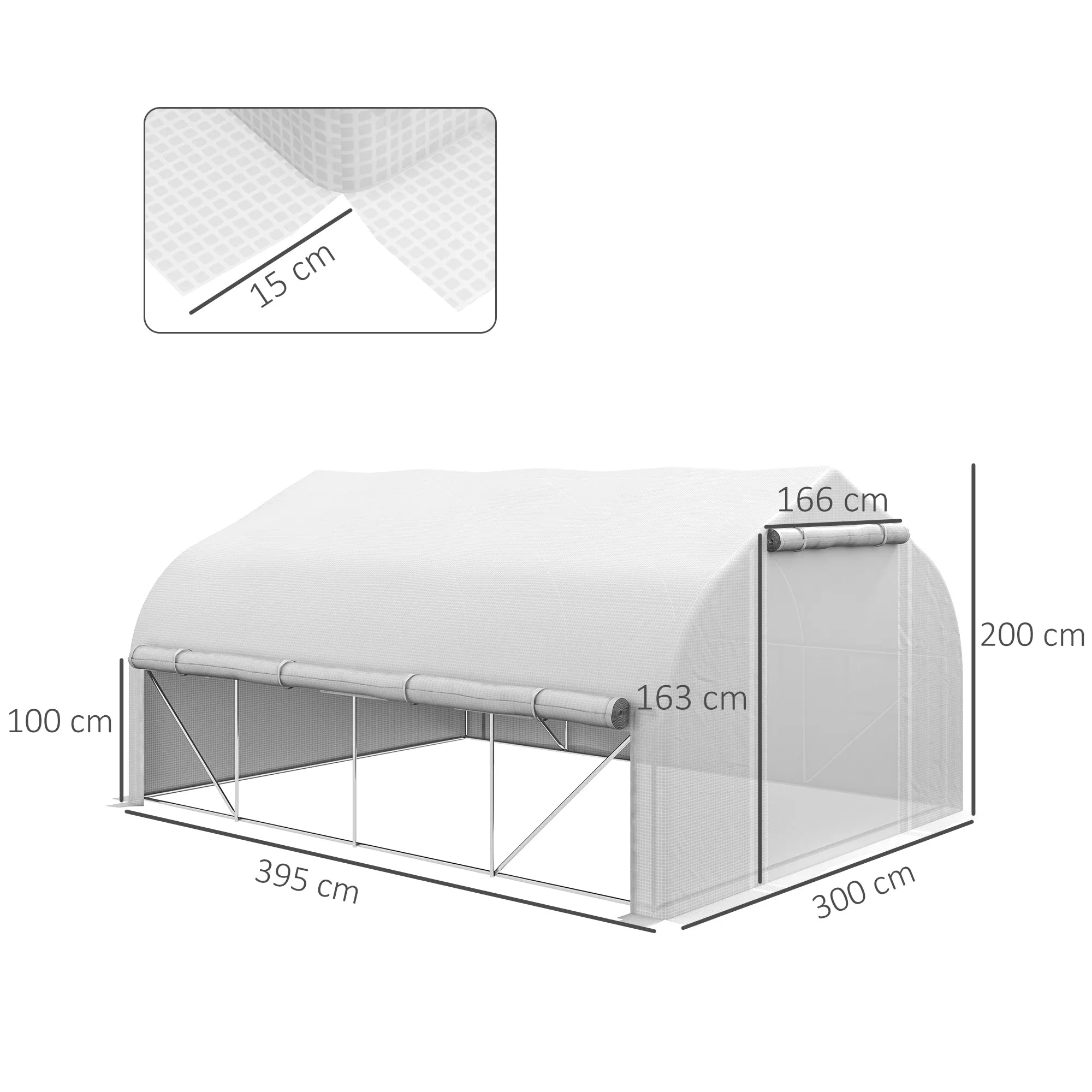 4x3m Tunnel Garden Greenhouse with PE Cover, Door and 8 Roller Windows, White - Image 3