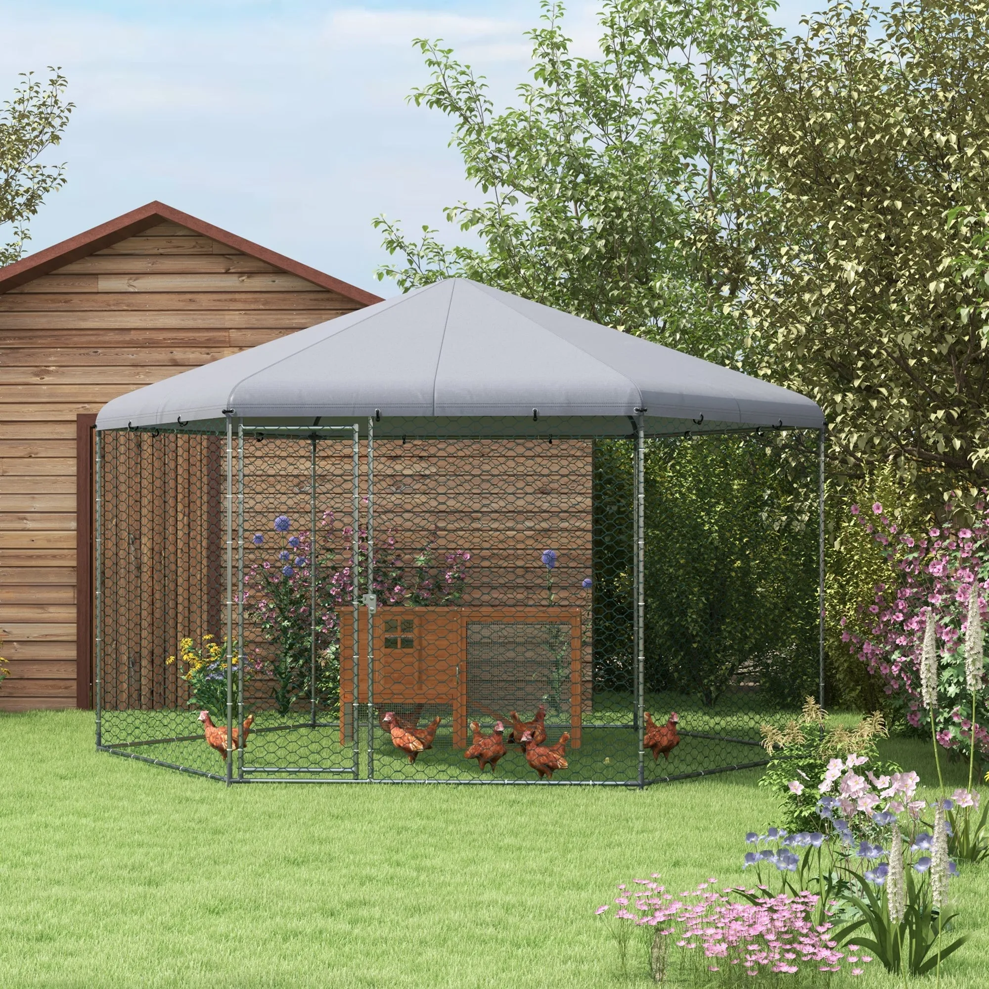 Chicken Run with Roof and Lockable Steel Door for 10-15 Animals, 4x3.5x2.6m - Image 2