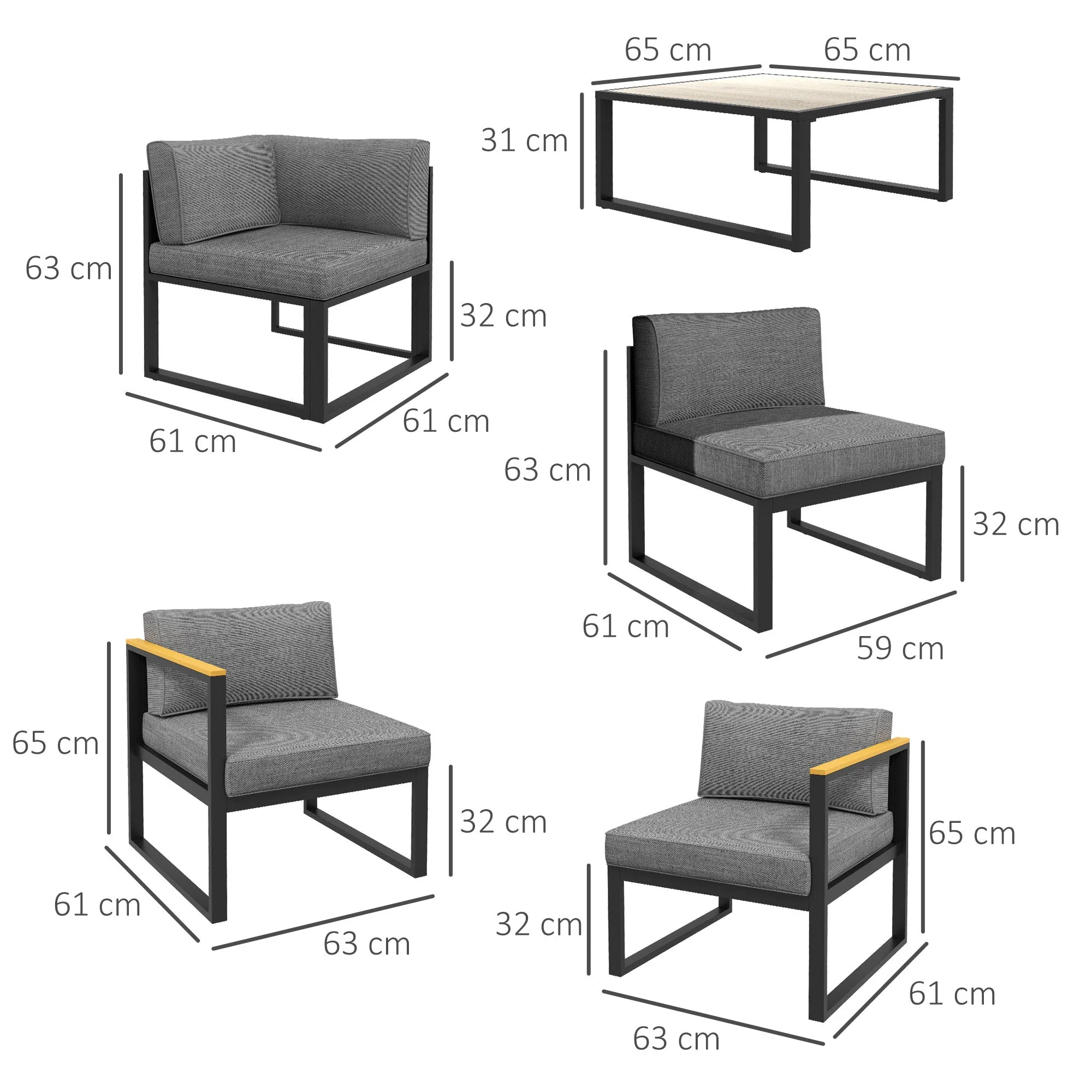 Lounge Set with Sofa and Coffee Table in Aluminum with Padded Cushions, Grey - Image 3