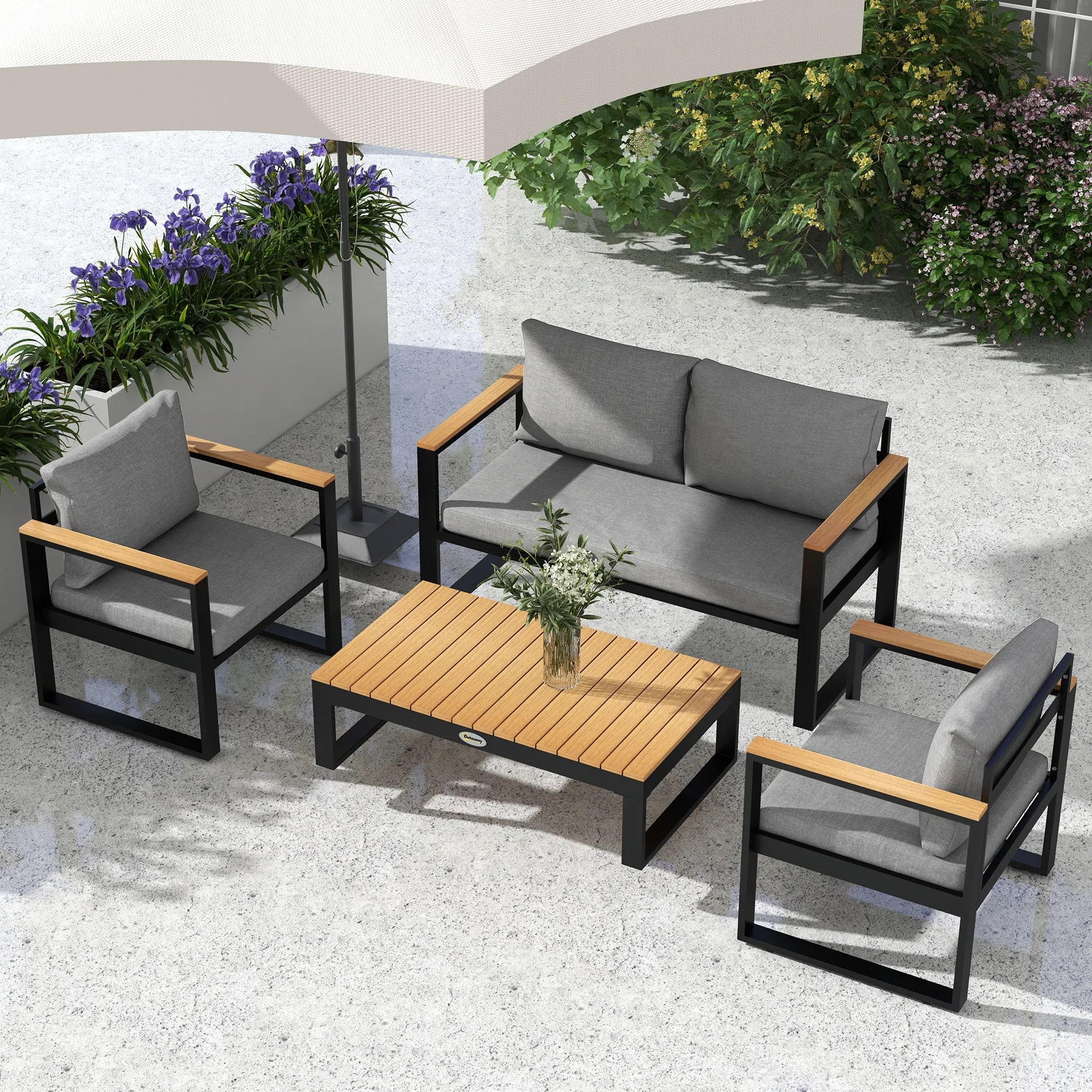 Garden Lounge Set with Outdoor Sofa, 2 Armchairs and Aluminium Coffee Table, Grey - Image 3