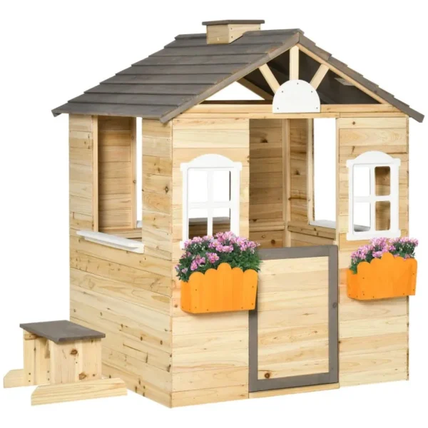 Children's Playhouse 3-7 Years with 2 Windows with Plant Stand and Bench, in Fir Wood and PP, 113Lx94x134.5 cm