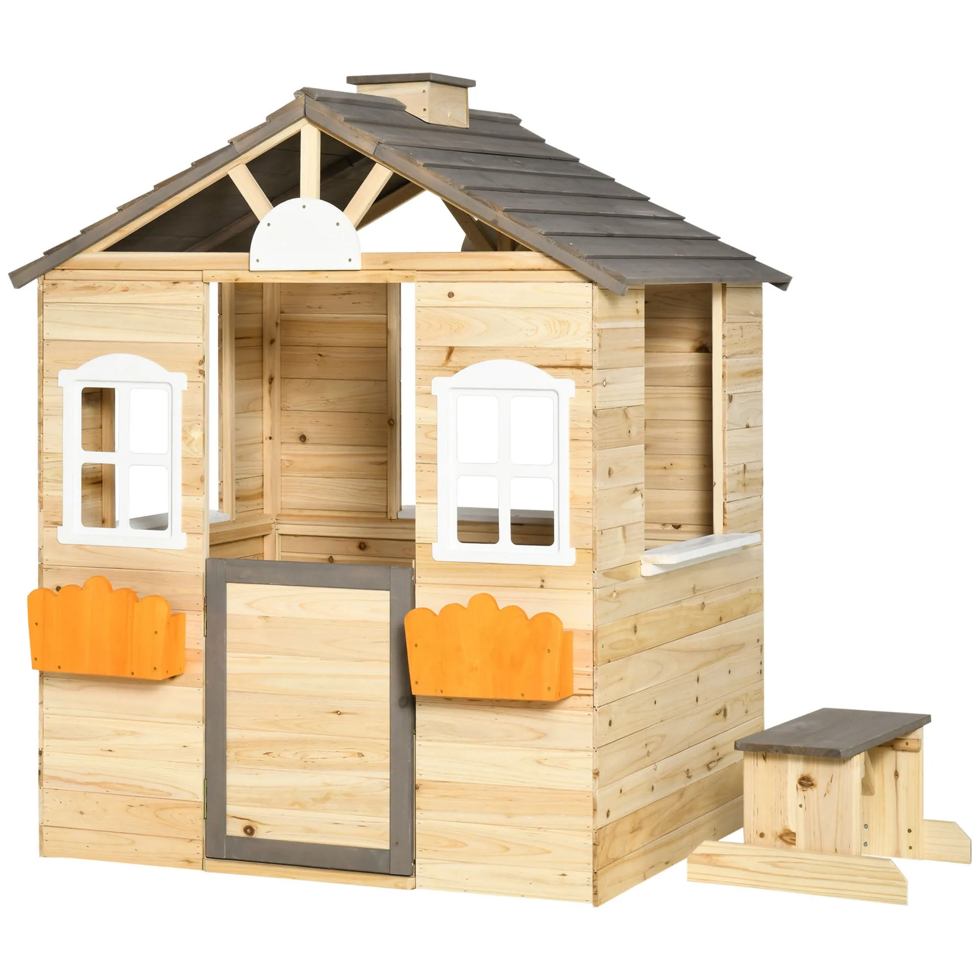 Children's Playhouse 3-7 Years with 2 Windows with Plant Stand and Bench, in Fir Wood and PP, 113Lx94x134.5 cm - Image 2