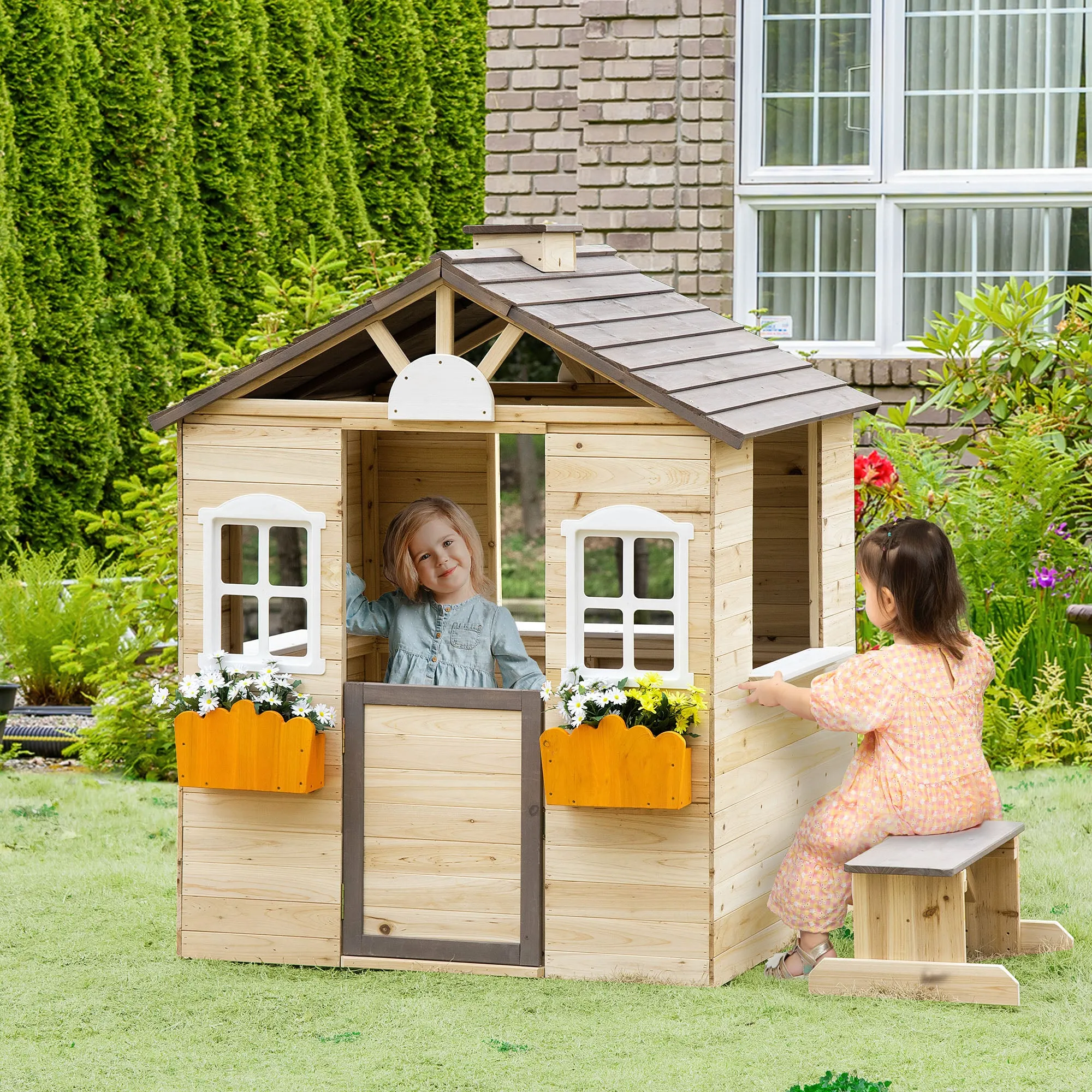 Children's Playhouse 3-7 Years with 2 Windows with Plant Stand and Bench, in Fir Wood and PP, 113Lx94x134.5 cm - Image 3