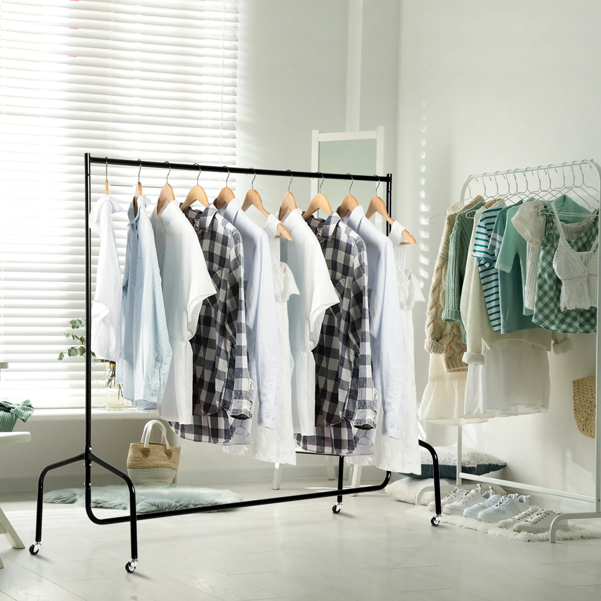 Rella Coat Rack Metal Clothes Stand with Wheels, Black, 150x60x170cm - Image 2