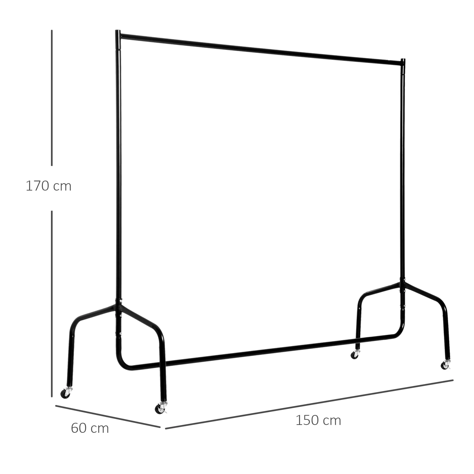 Rella Coat Rack Metal Clothes Stand with Wheels, Black, 150x60x170cm - Image 3