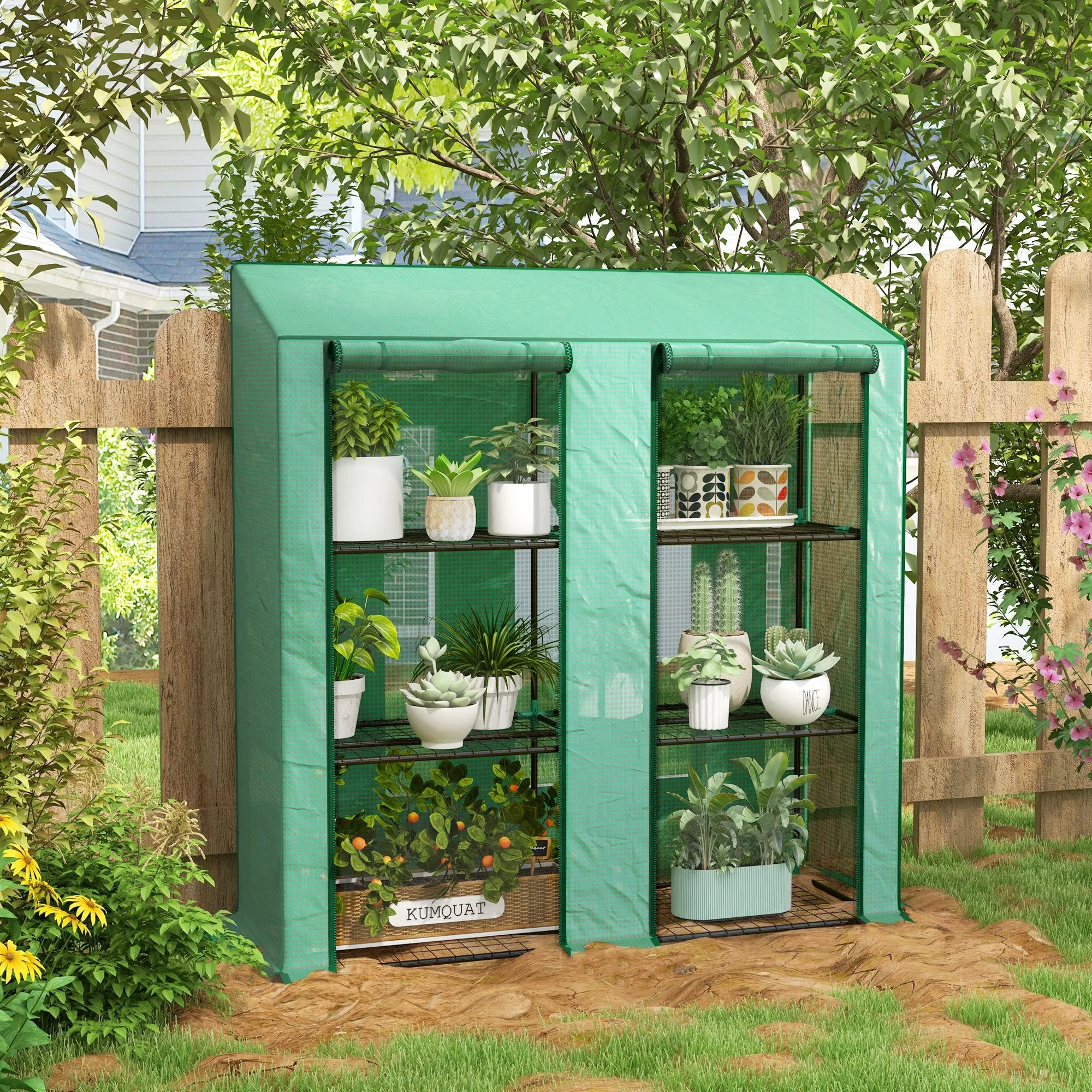 Garden Greenhouse with PE Cover, 6 Shelves and 2 Roller Doors, 143x46x151cm, Green - Image 3