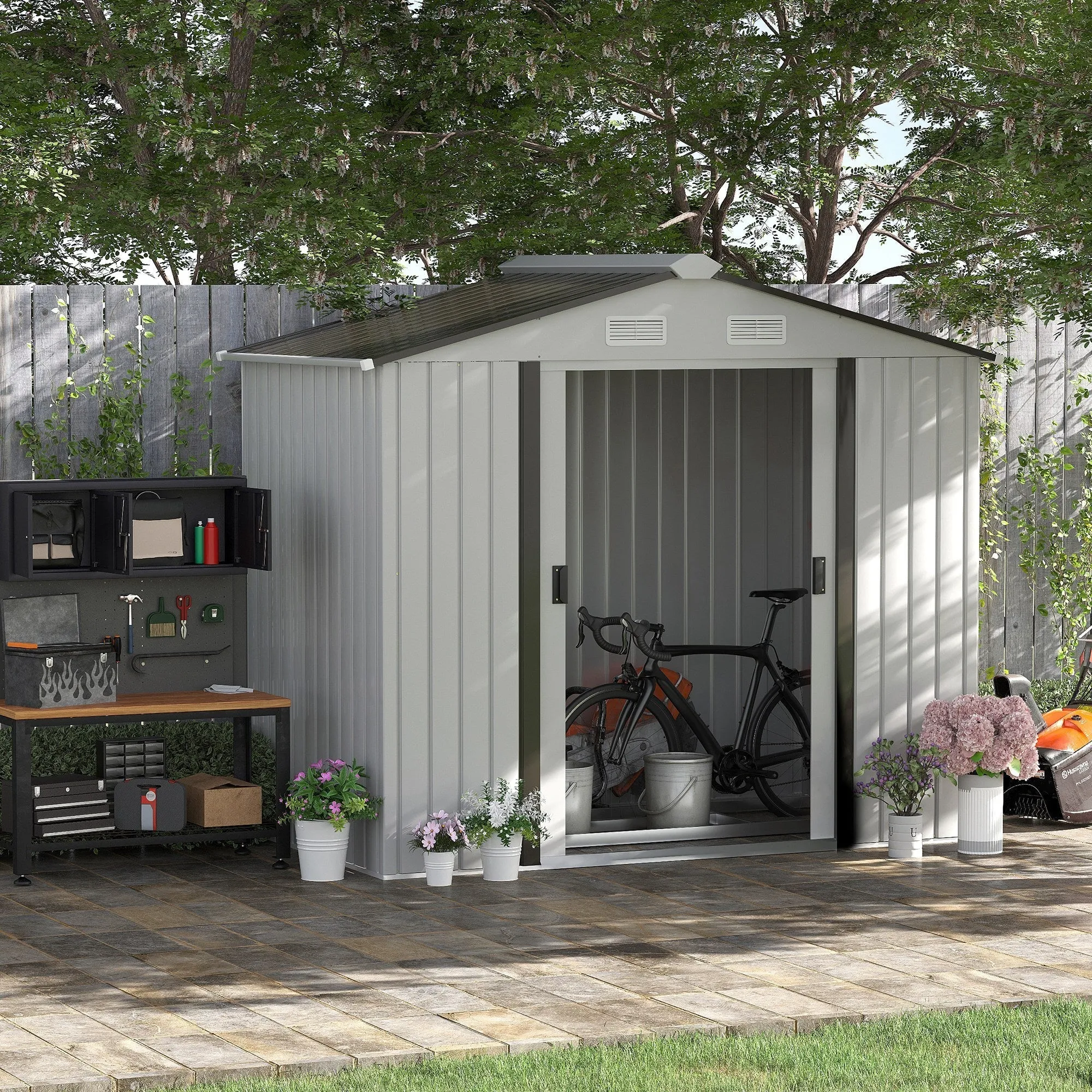 Steel Tool Shed, Garden Shed with Sliding Doors, 213x130x185 cm, White - Image 2