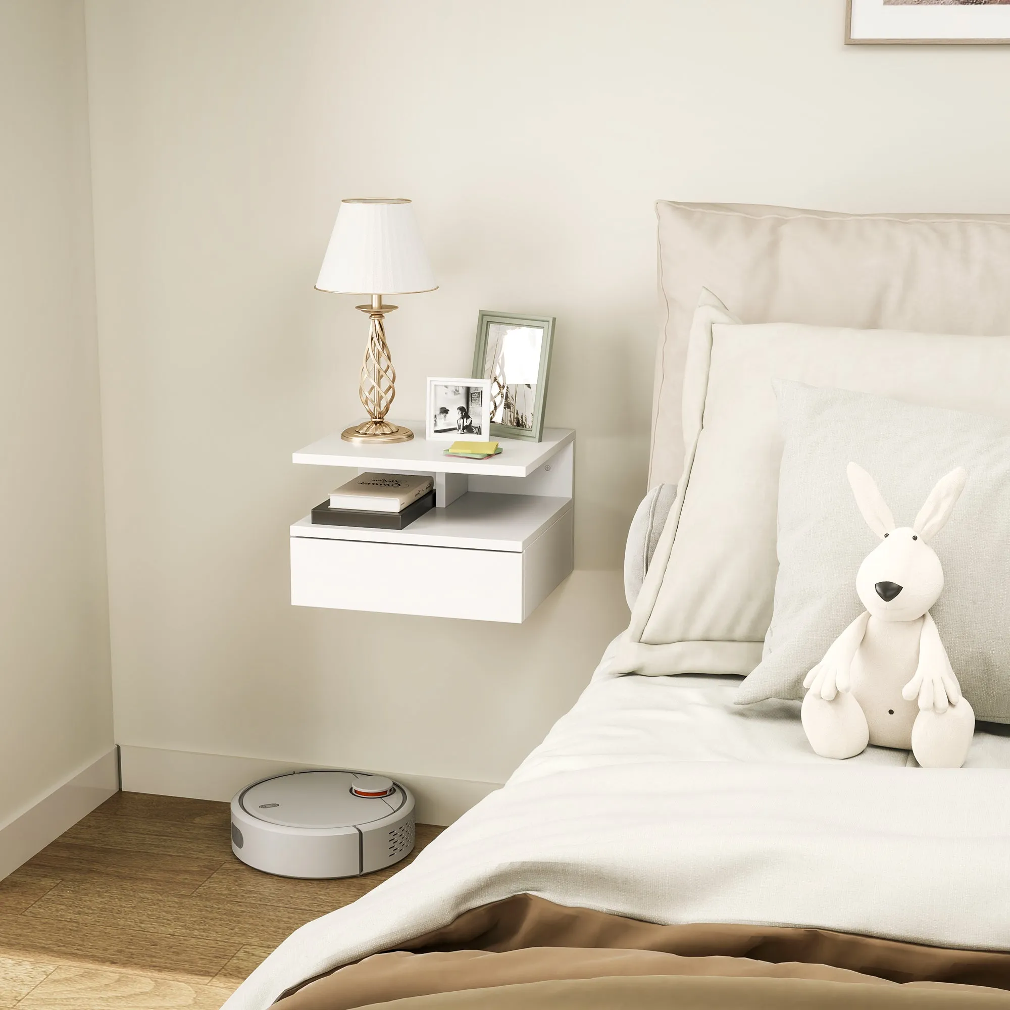 Floating Nightstand for Bedroom with Drawer and Wooden Shelf, 35x32x22.5cm, White - Image 2
