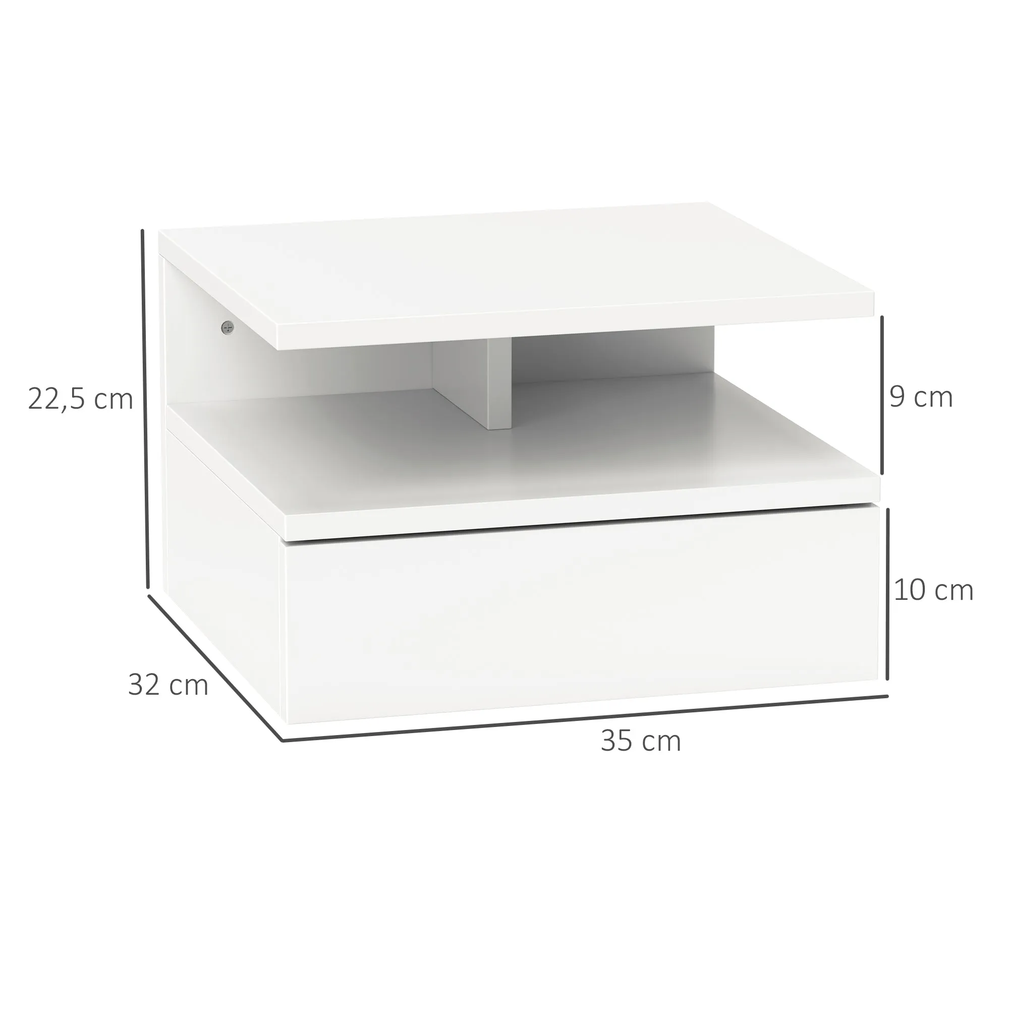 Floating Nightstand for Bedroom with Drawer and Wooden Shelf, 35x32x22.5cm, White - Image 3