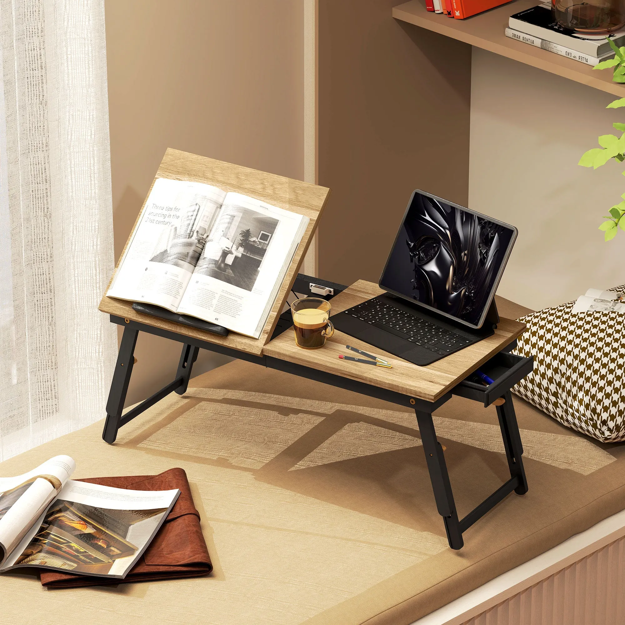 Tilting and Adjustable Monitor Stand with Side Drawer, in Wood, 86x33x22.5-32 cm, Oak and Black - Image 2