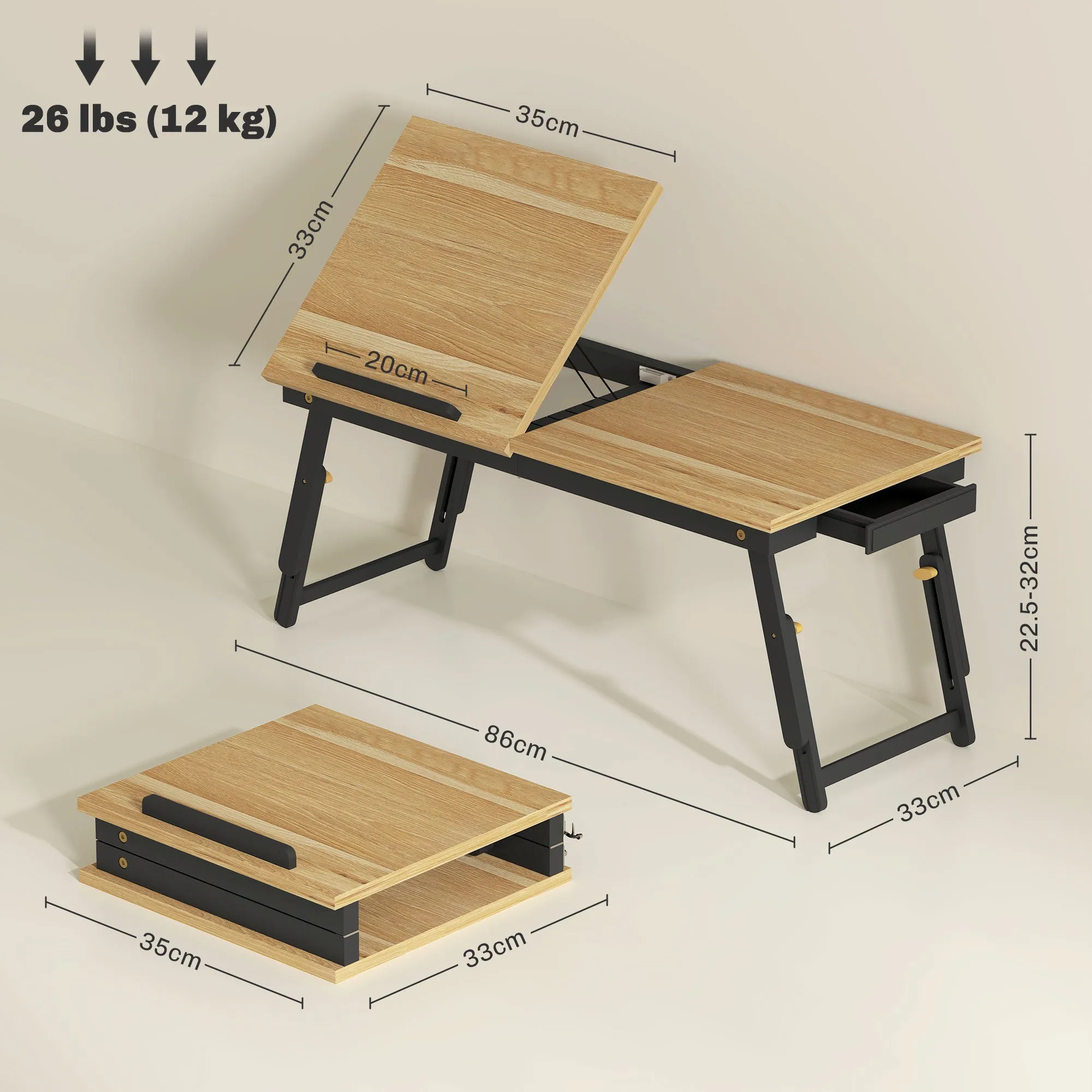 Tilting and Adjustable Monitor Stand with Side Drawer, in Wood, 86x33x22.5-32 cm, Oak and Black - Image 3