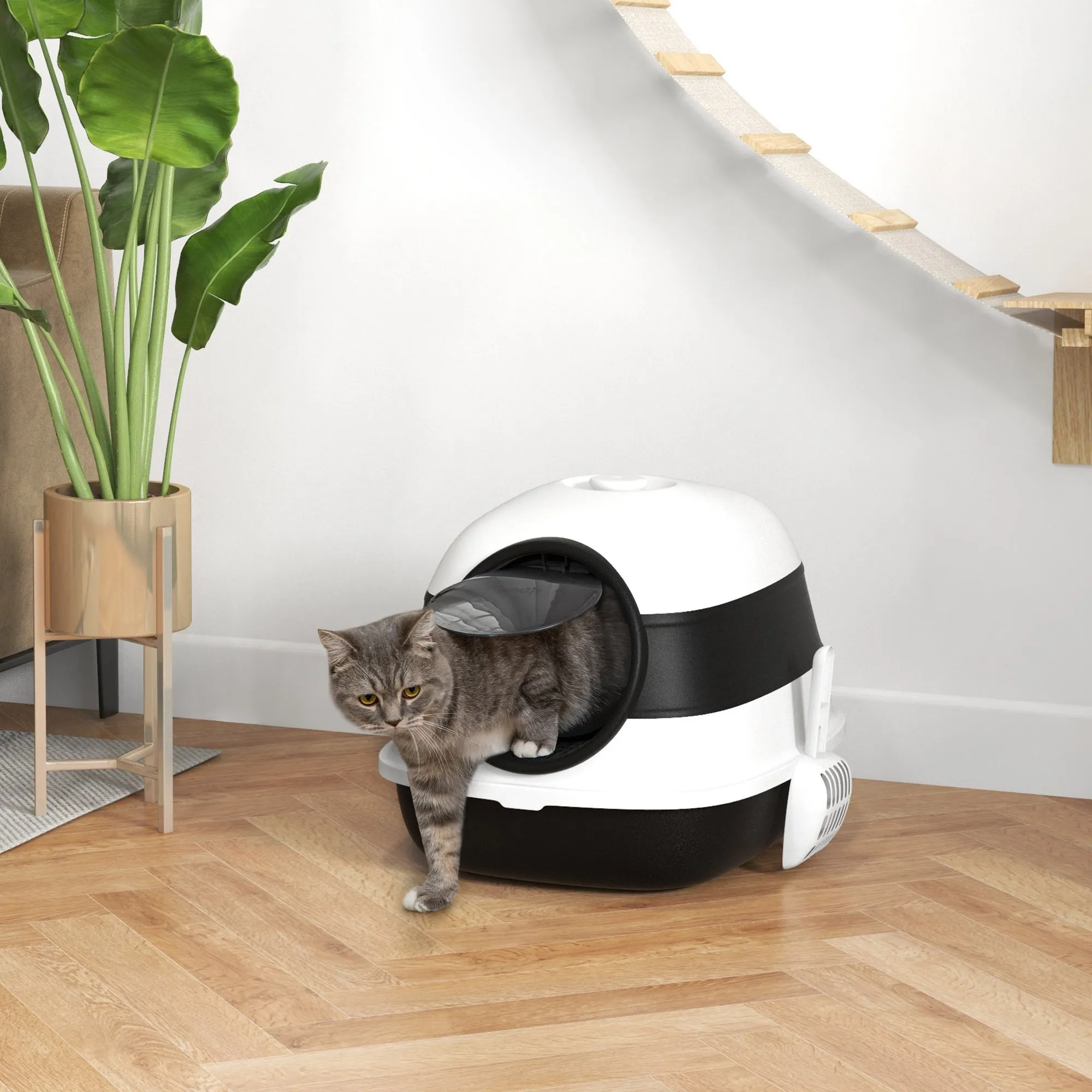 Cat Litter Box with Lid, Scoop and Deodorizer, Foldable Design, 52x41x38 cm, White and Black - Image 2
