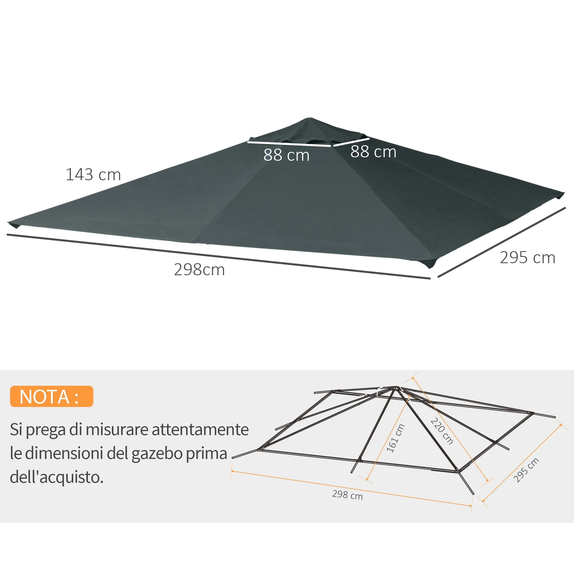 Replacement Roof for Gazebo 3x3 m in Gray Polyester with 8 Ventilation Holes - Image 3