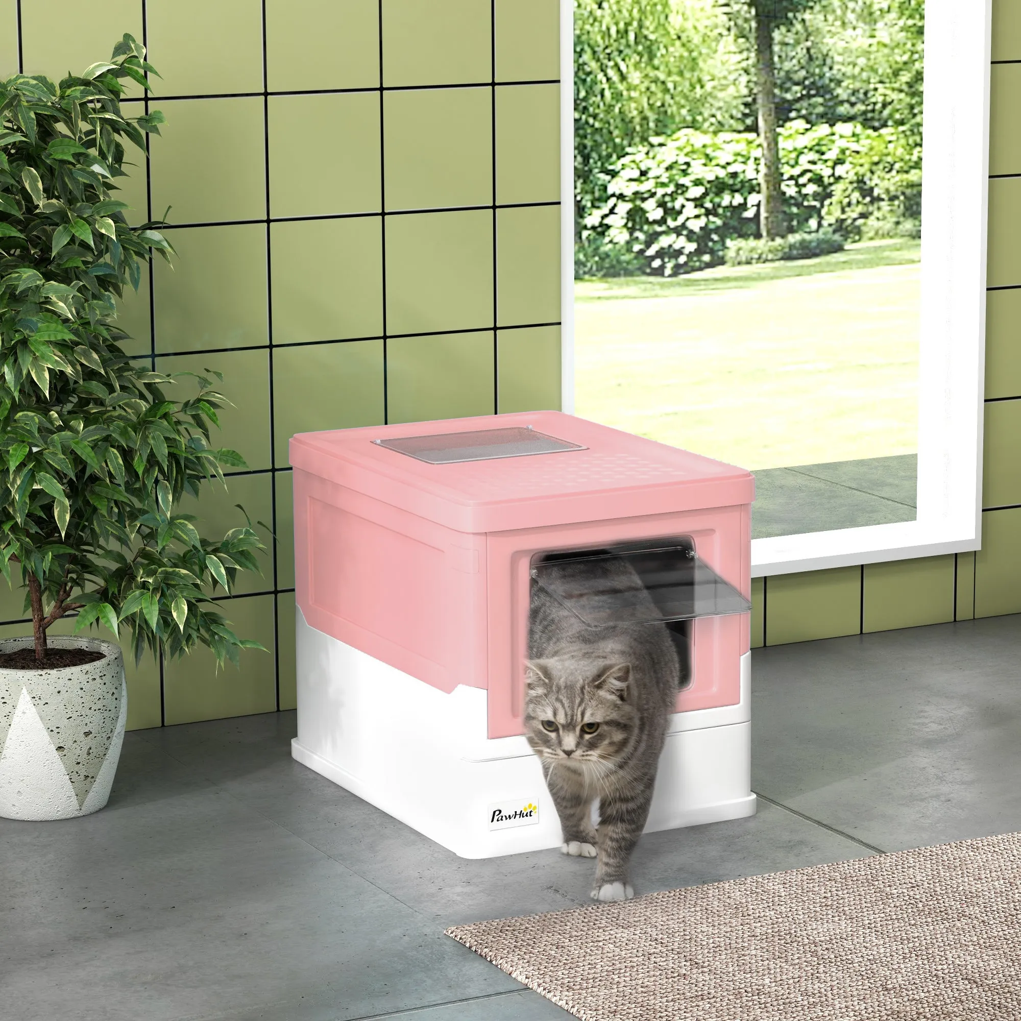 Closed PP Cat Litter Box with 2 Doors with Scoop and Removable Tray, 47.5x35.5x36.7 cm, Pink and White - Image 2