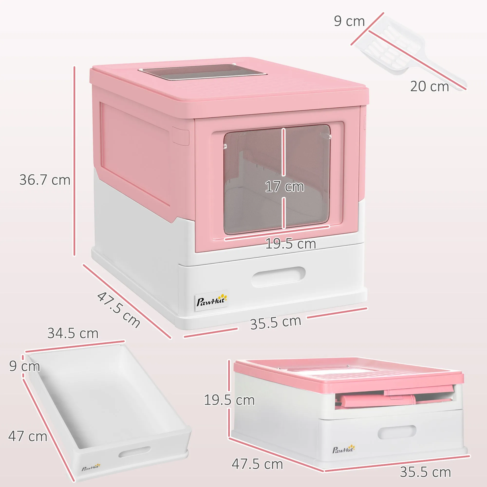 Closed PP Cat Litter Box with 2 Doors with Scoop and Removable Tray, 47.5x35.5x36.7 cm, Pink and White - Image 3