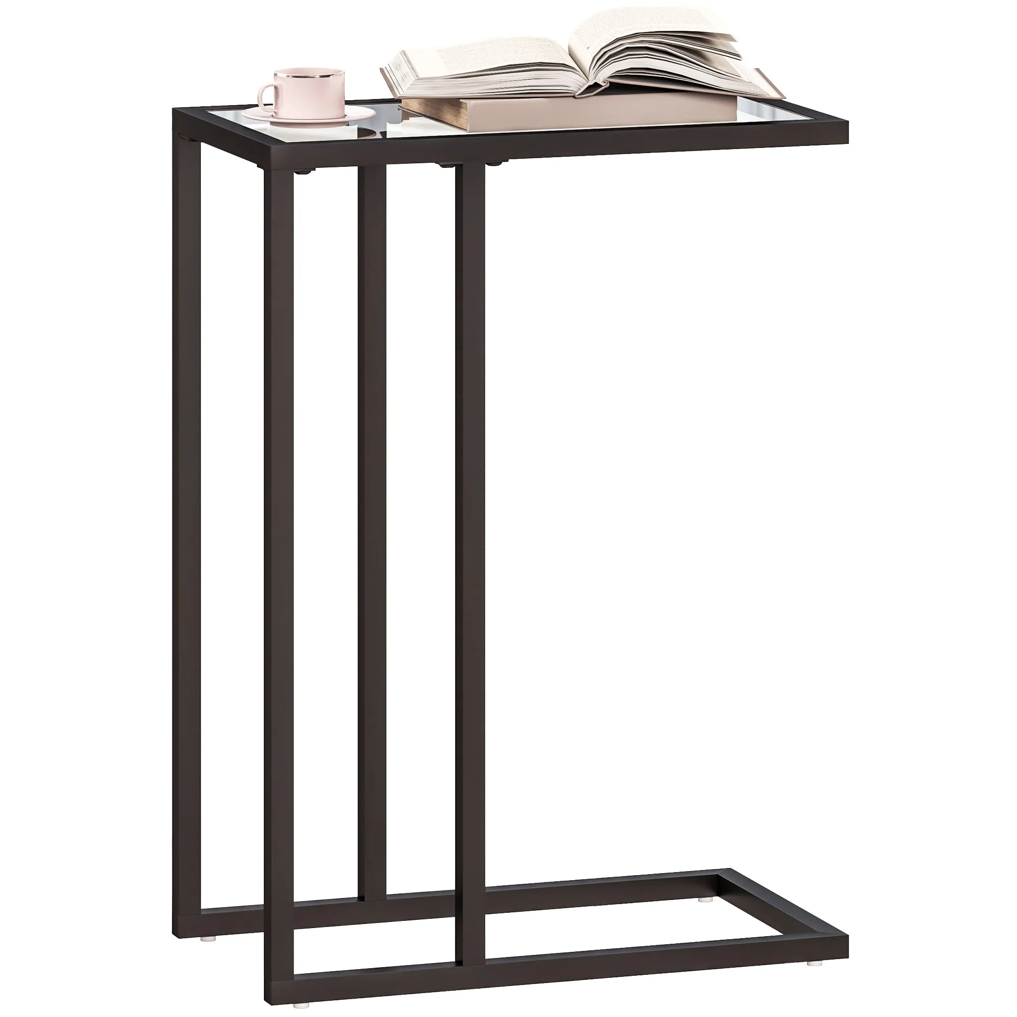 C-Shaped Glass and Steel Coffee Table, 46x25x63.5 cm, Black