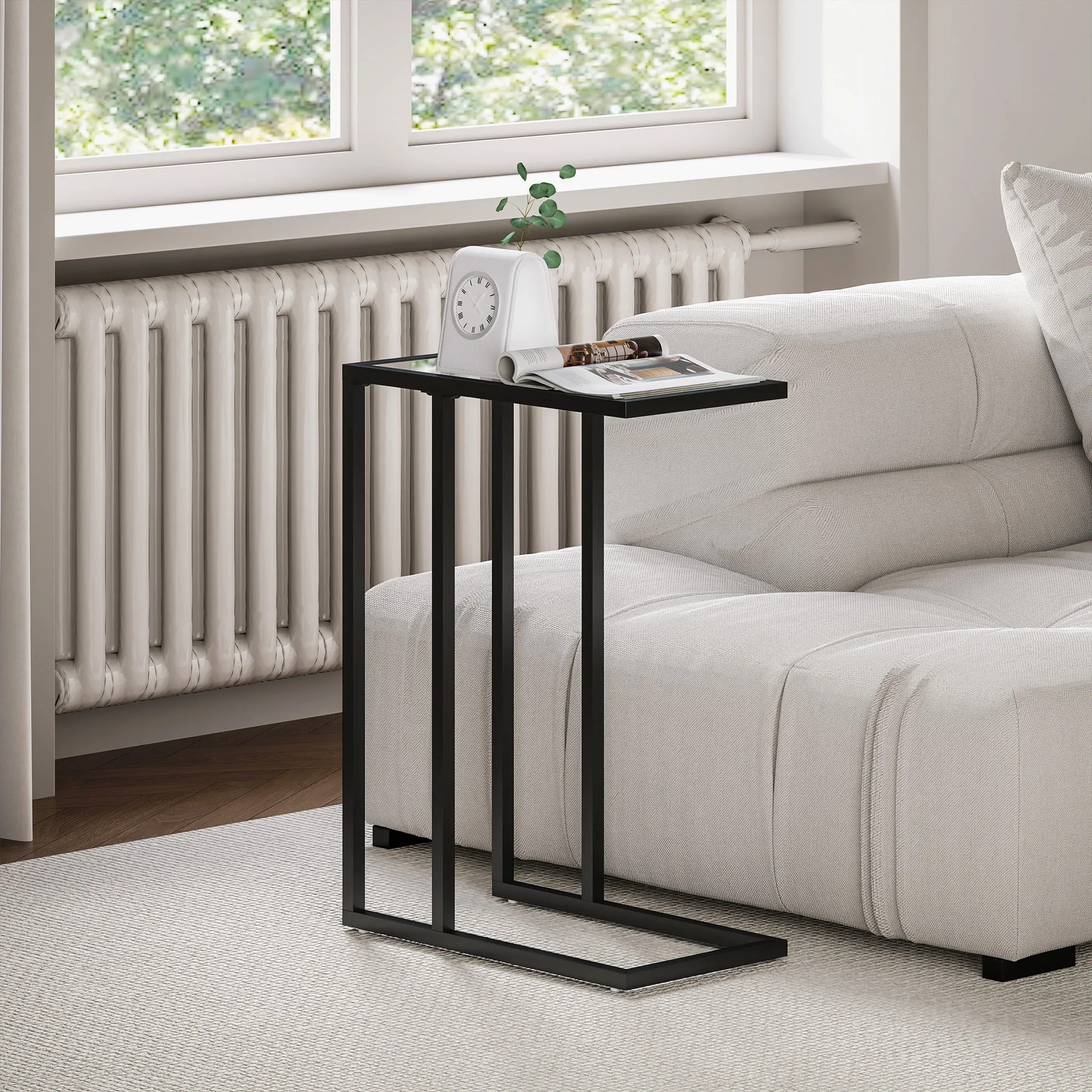 C-Shaped Glass and Steel Coffee Table, 46x25x63.5 cm, Black - Image 2
