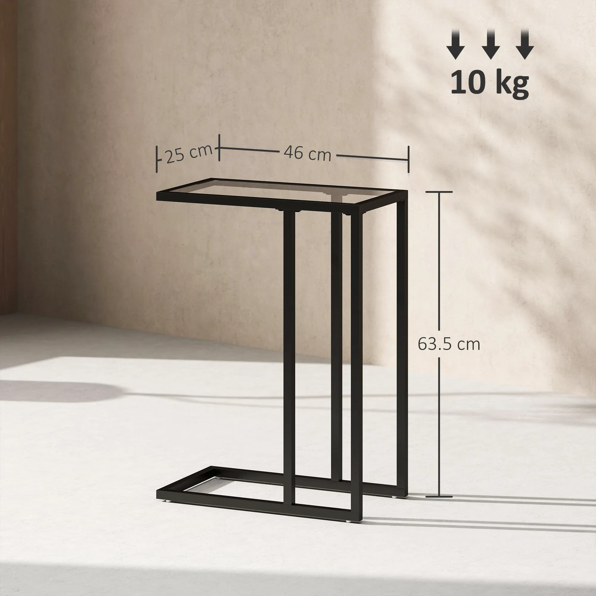 C-Shaped Glass and Steel Coffee Table, 46x25x63.5 cm, Black - Image 3