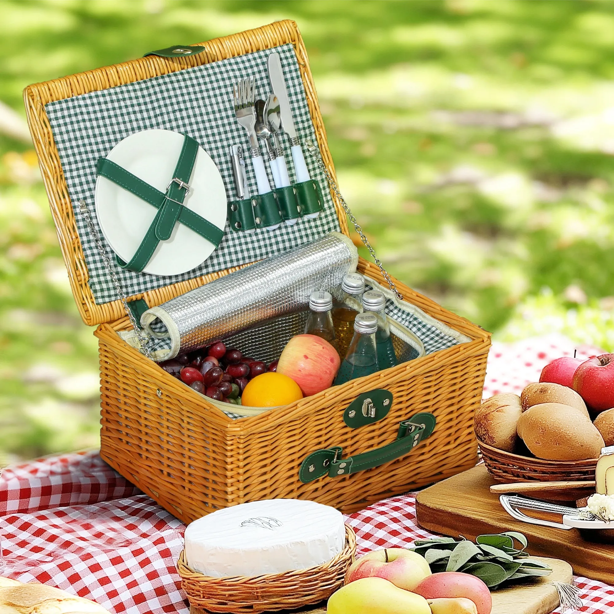 Picnic Basket for 2 People in Wicker with Thermal Area and Corkscrew, 40x30x20 cm, Light Brown - Image 2